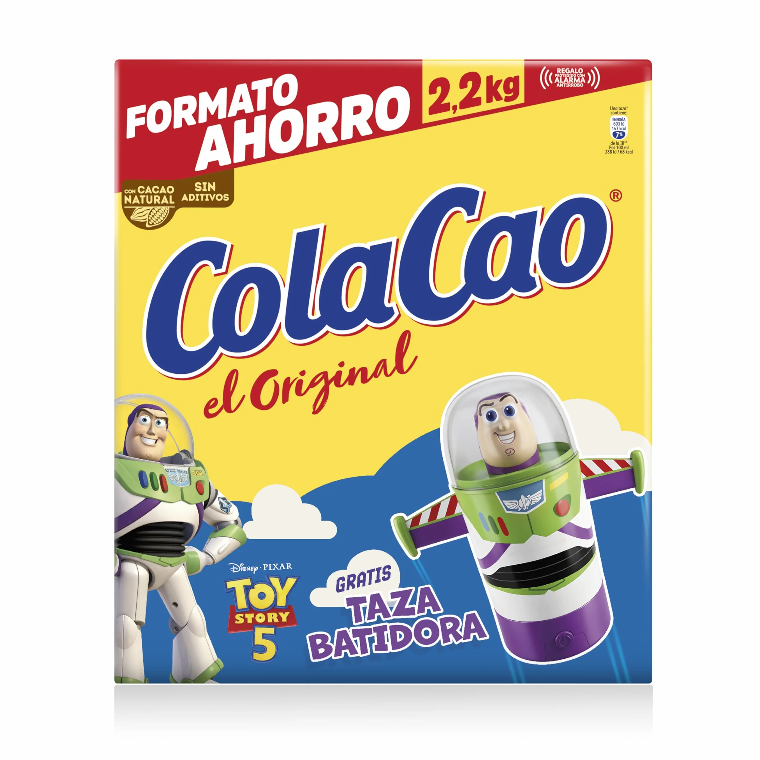 ColaCao Original Cacao Soluble Natural sin Aditivos en Polvo 2,2 kg Formato Ahorro con Taza Batidora Buzz Lightyear Toy Story