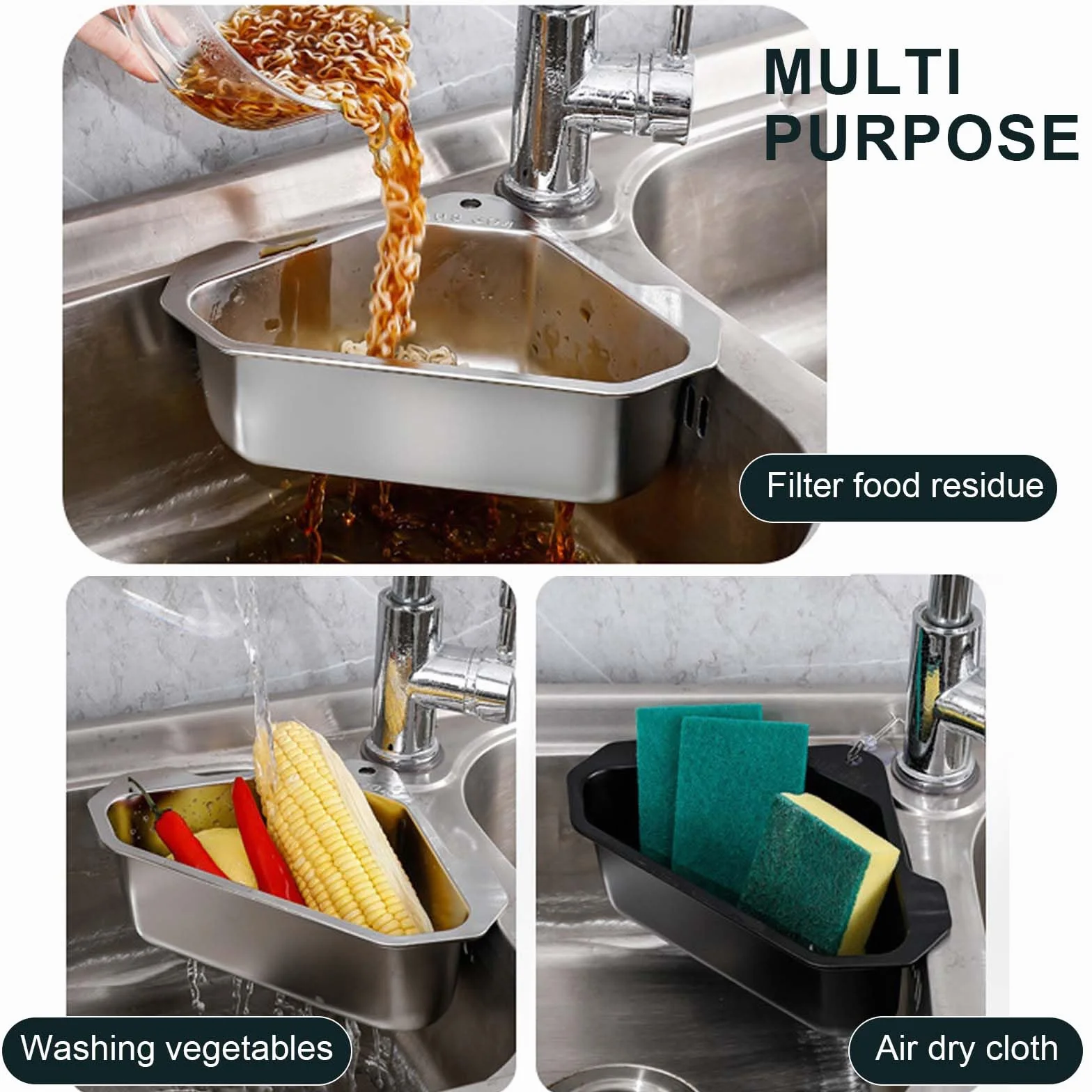 Cesta de Drenaje de Acero Inoxidable, Colador Triangular para Fregadero de Cocina