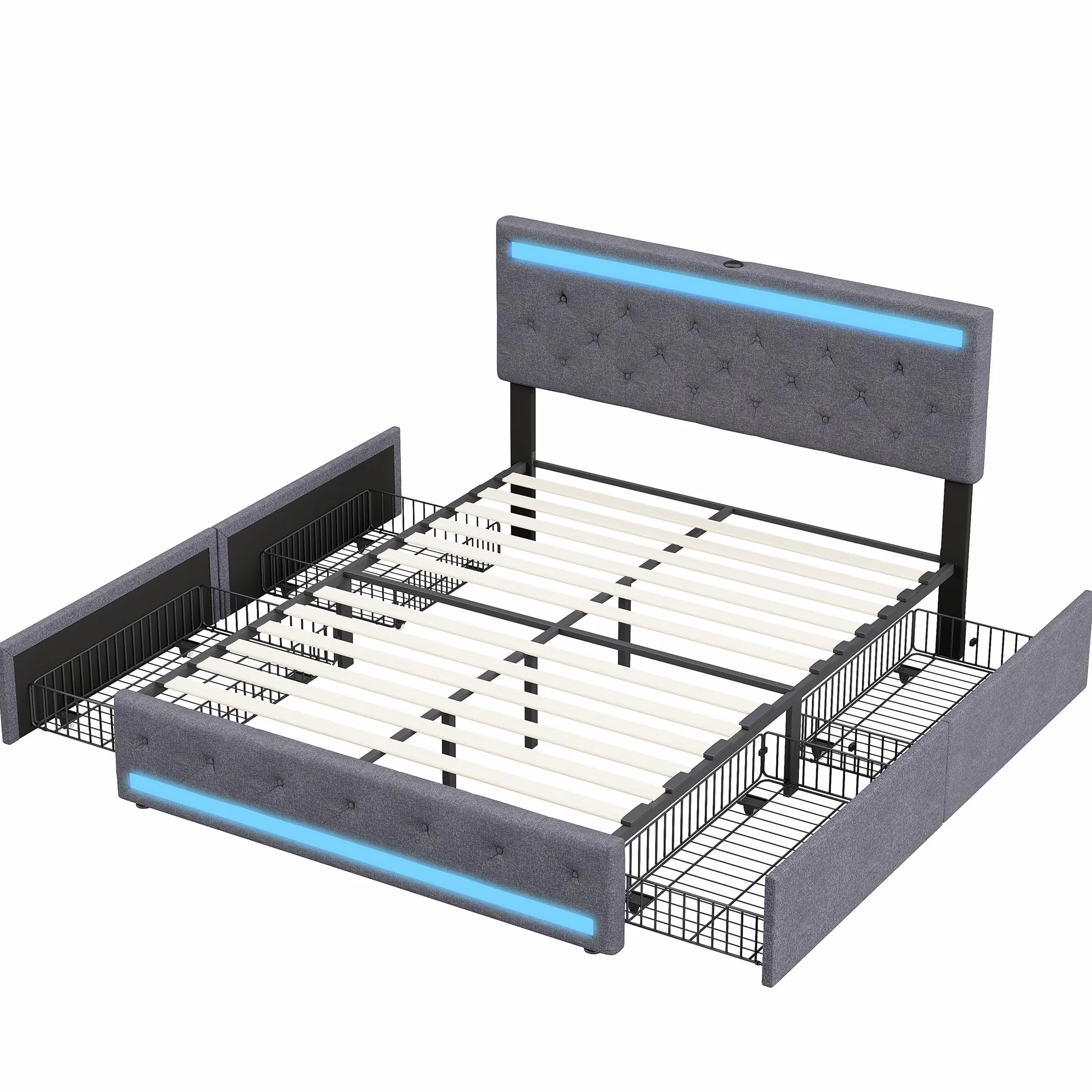 KeepGoon Cama Doble de 180 x 200 cm, Cama Acolchada con 4 cajones de Hierro, Largo Puerto USB y Barra para lámpara de Noche, Cama de Almacenamiento, con somier, Tela de Lino, cabecero Ajustable