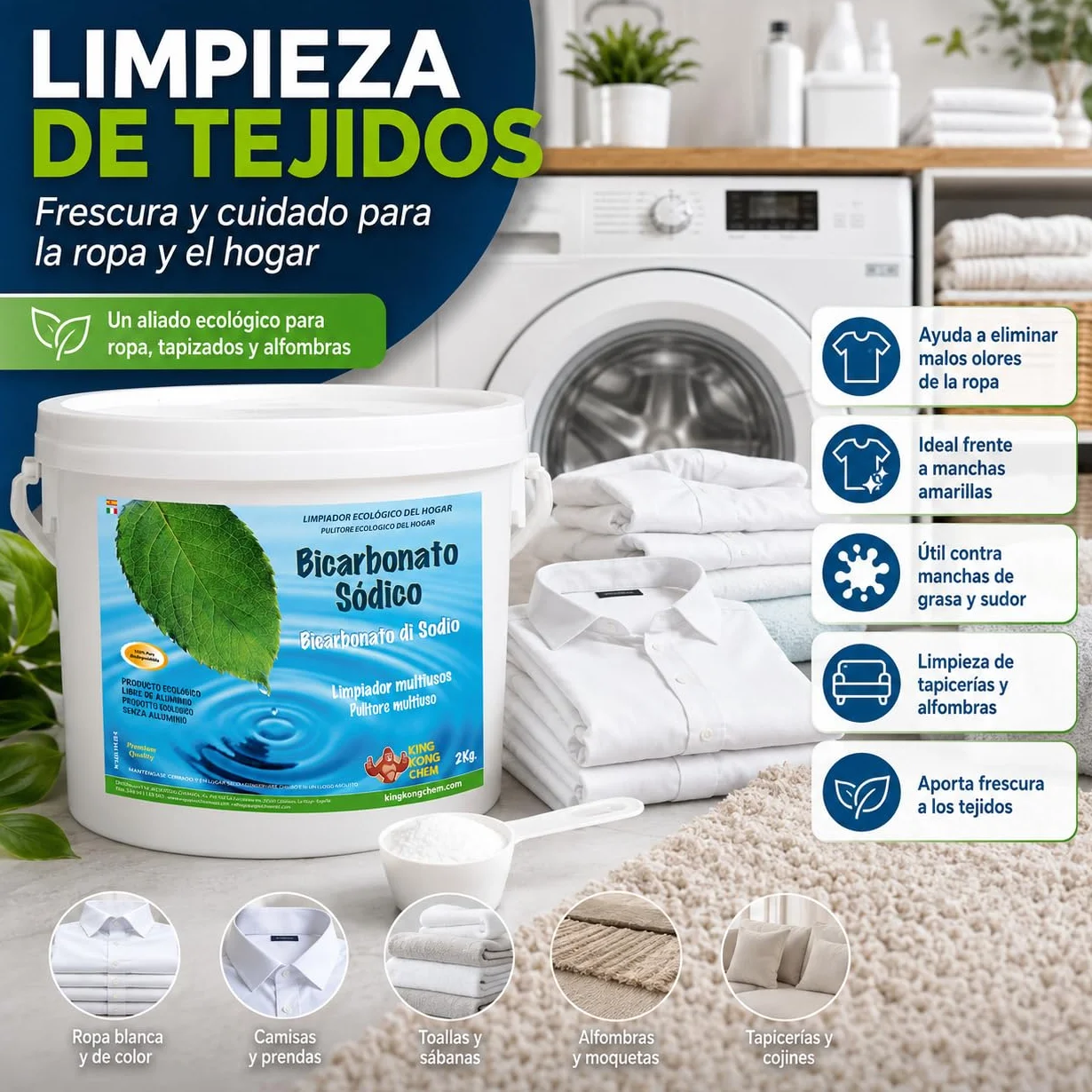 Bicarbonato de Sodio 2 kg - Limpiador Ecológico Hogar con Cucharilla Dosificadora