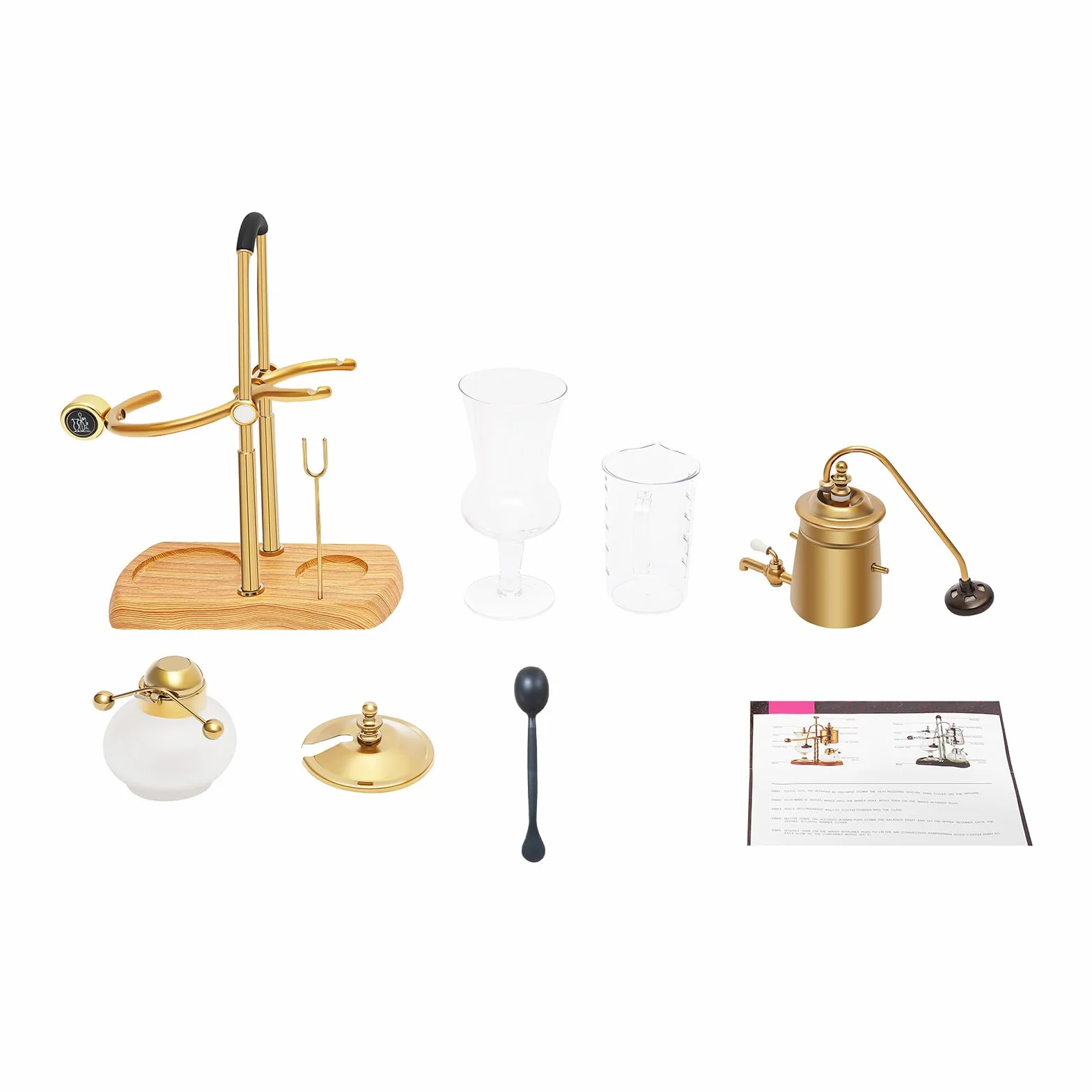 Luxury Siphon Balance - Juego de Cafetera con Sifón, Retro y al Vacío, Tetera, Base de Madera Natural y Pomo (Dorado)