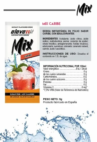 BEBIDAS MIX ELEVEN FIT Caribe SIN AZÚCAR, 10 Sobres Bebida Instantánea Baja en Calorías 9g