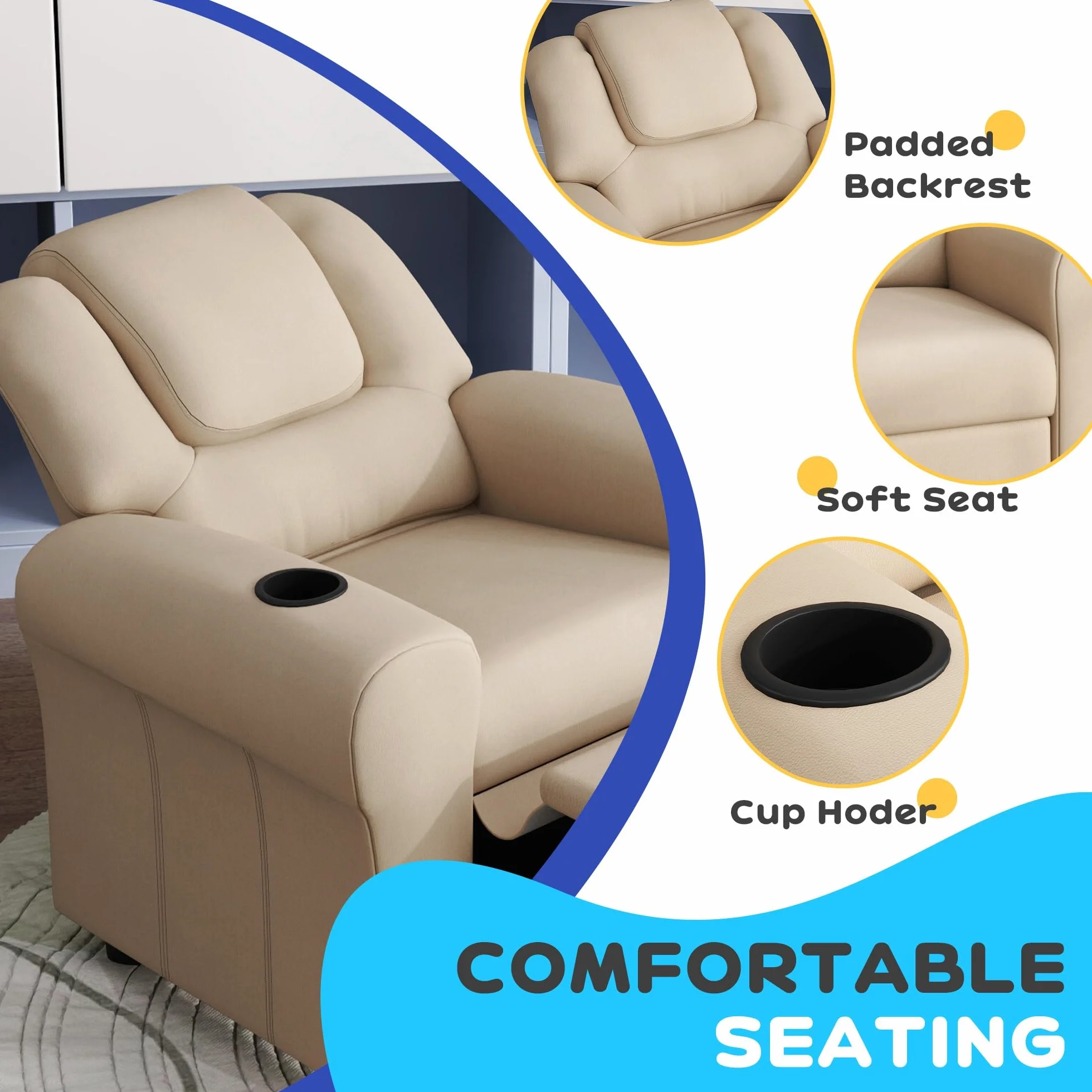 HOMCOM Sillón reclinable de piel sintética para niños con respaldo ajustable, reposapiés y portavasos, beige