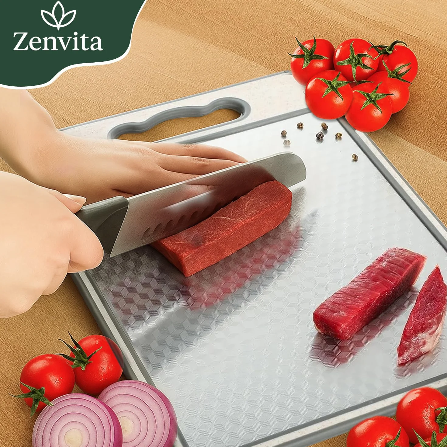 Tabla de cortar de acero inoxidable – Doble Cara Antibacteriana (Acero+PP) - patron diamante – Sin BPA,Grande y Duradera - cocina - descongela - Carne,Pescado,Verduras – Superficie de Corte 36 x 25 cm