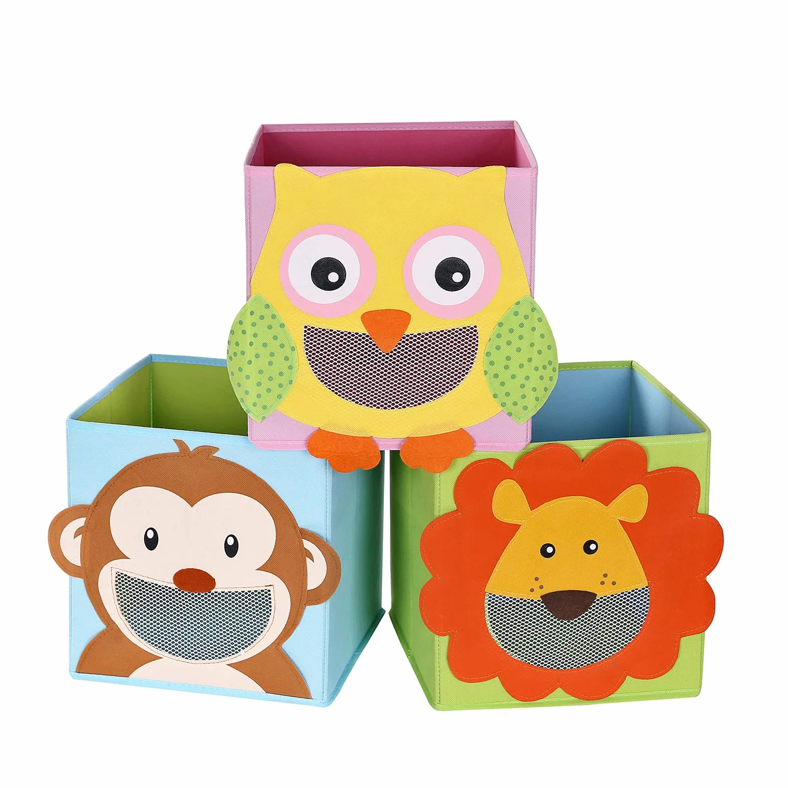 SONGMICS Juego de 3 Cajas de Almacenamiento, Cajas de Juguetes, Cubos plegables,para Salón, Habitación Infantil, 27 x 27 x 27 cm, Colorido RFB01KU