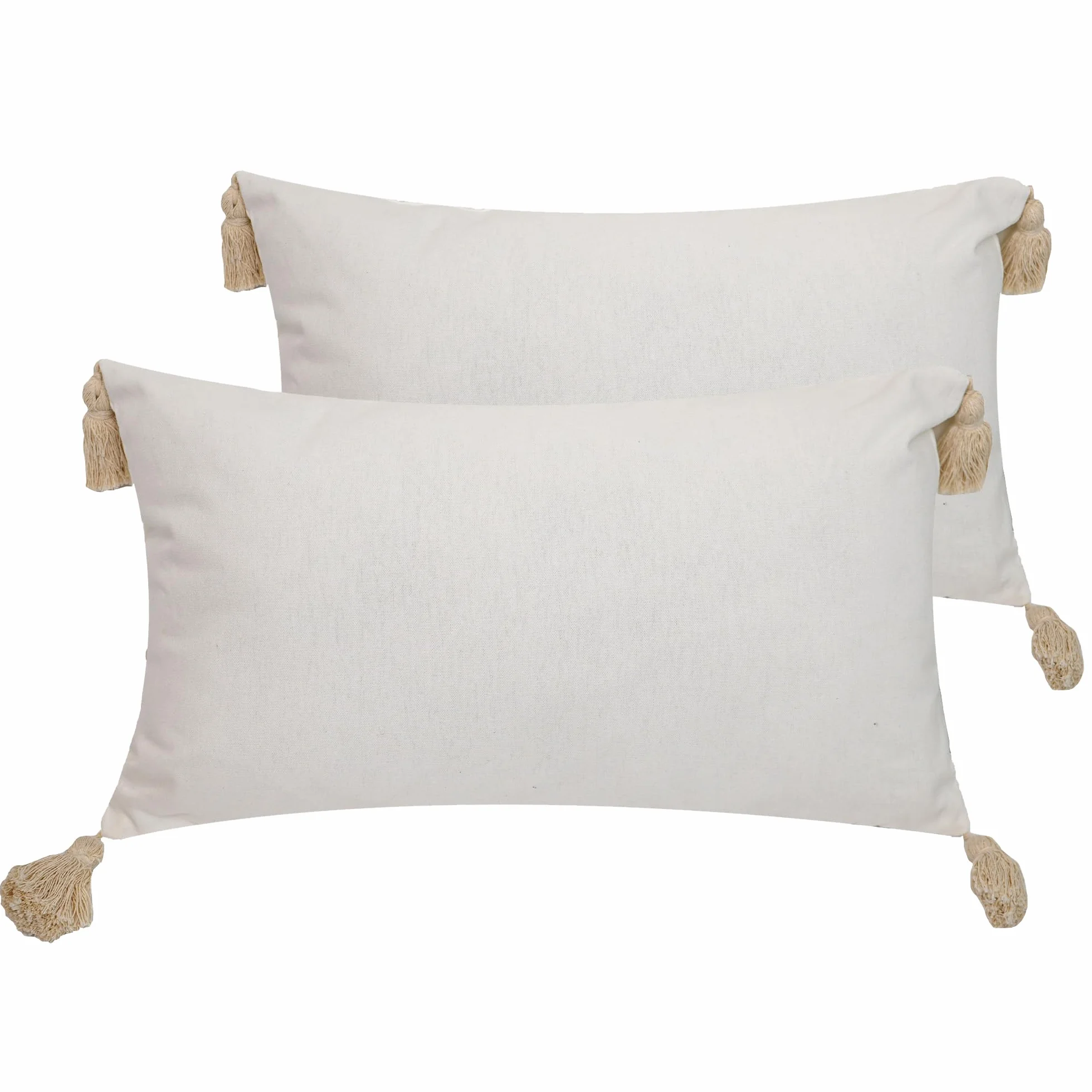 Pack 2 Cojín Decoración 100% Algodón con Borlas, Cremallera Oculta, Beige, 30x50cm