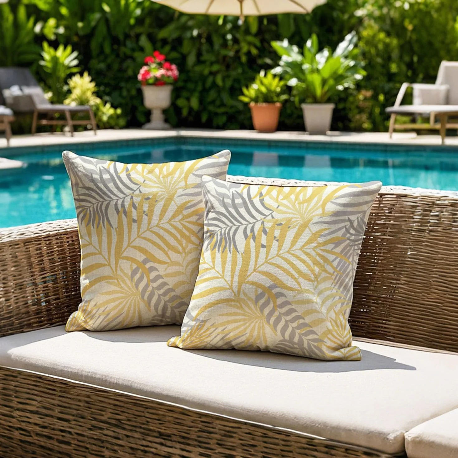 Fundas de Cojín para Exterior Impermeables 40x40 cm Juego de 2 Amarillo Gris Hojas Tropicales