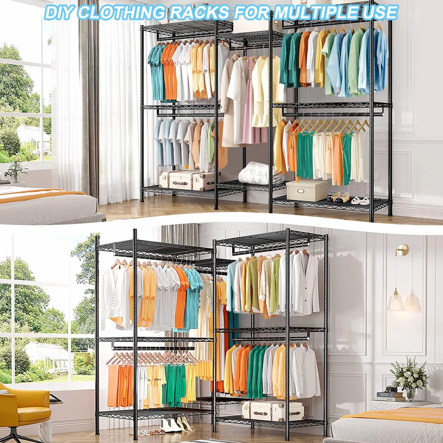 Armario Abierto para Dormitorio, Perchero Resistente de Gran Capacidad 380KG, Vestidor Modular con Estantes y Barras Ajustables, Organizador de Ropa y Almacenaje 45D x 187W x 195H CM, Negro