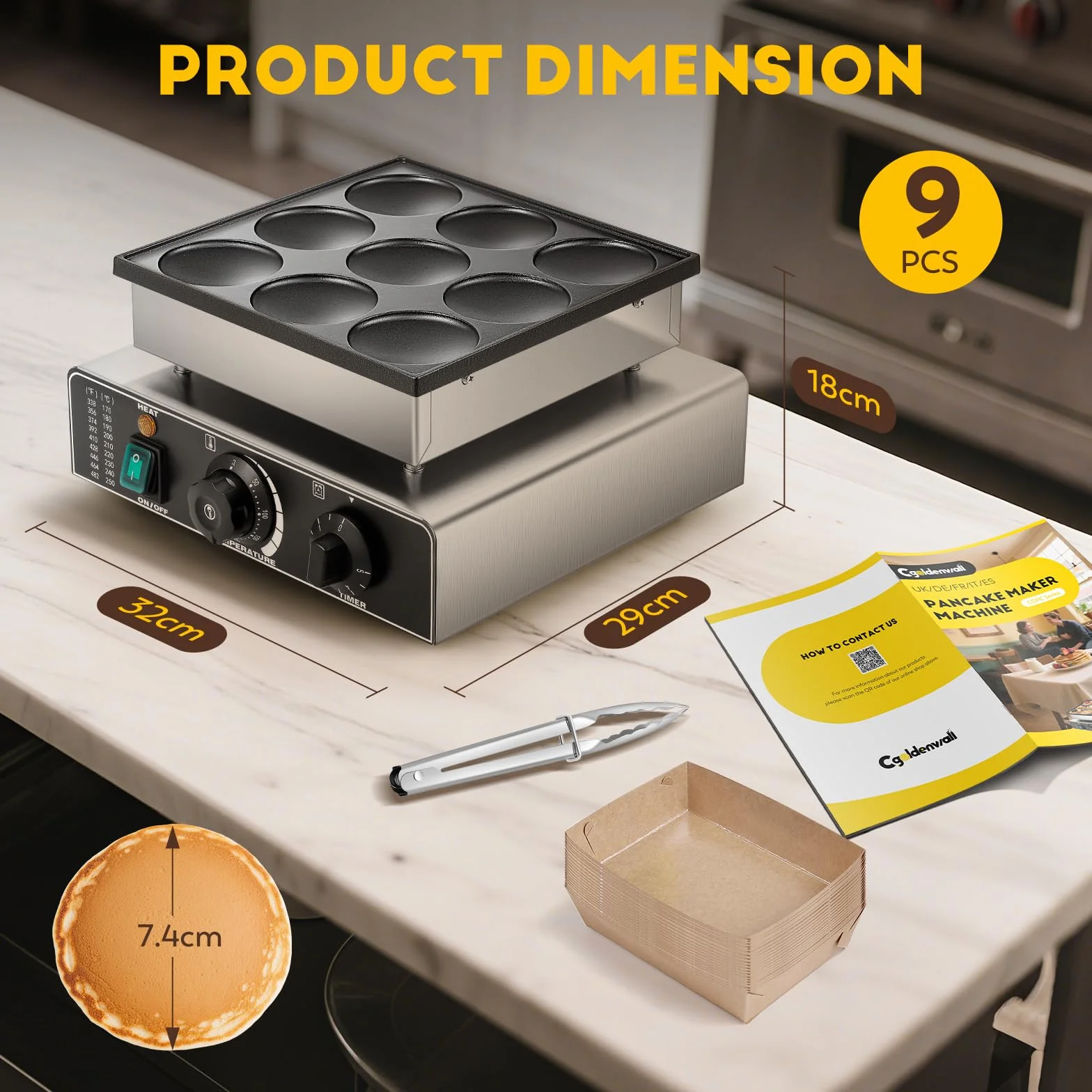 CGOLDENWALL 9 PCS Máquina para Hacer Panqueques Holandesa, con Revestimiento Antiadherente, Temporizador y Temperatura Ajustable, Mini Panqueques Eléctricos para Tortitas, Dorayaki y Poffertjes