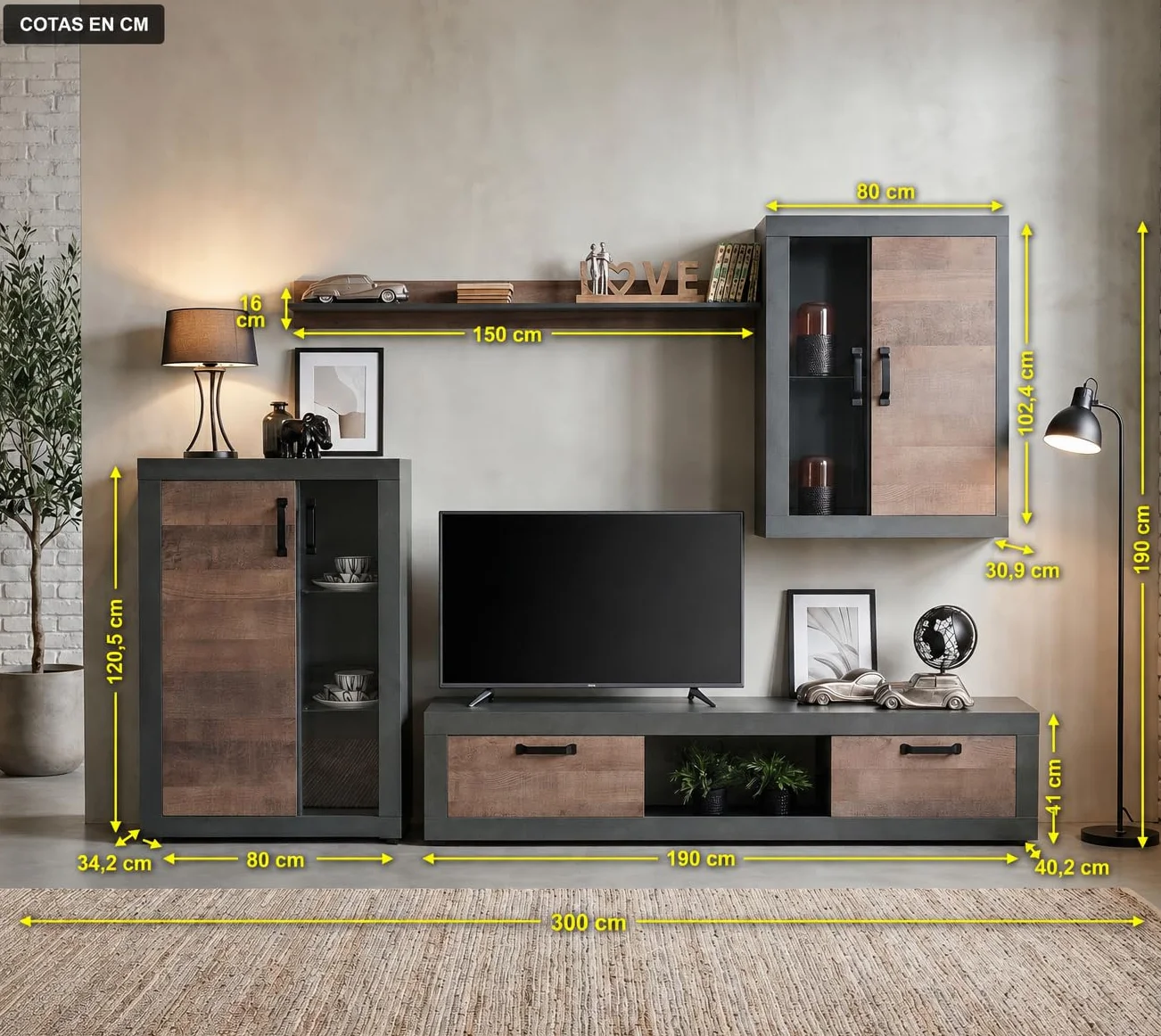 Homely - Mueble de Salón Modular Duke | Conjunto 4 Muebles 300 cm. | Muebles Salón Completo | Mueble para Televisión + Mueble Bajo + Mueble Alto + Estantería Alta | Color Nogal y Grafito