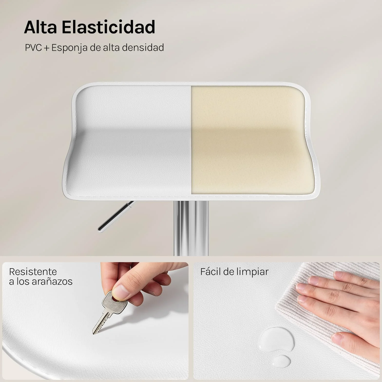 WOLTU Taburetes Cocina Giratorios 360° Altura Ajustable Asiento PVC Blanco+Plata