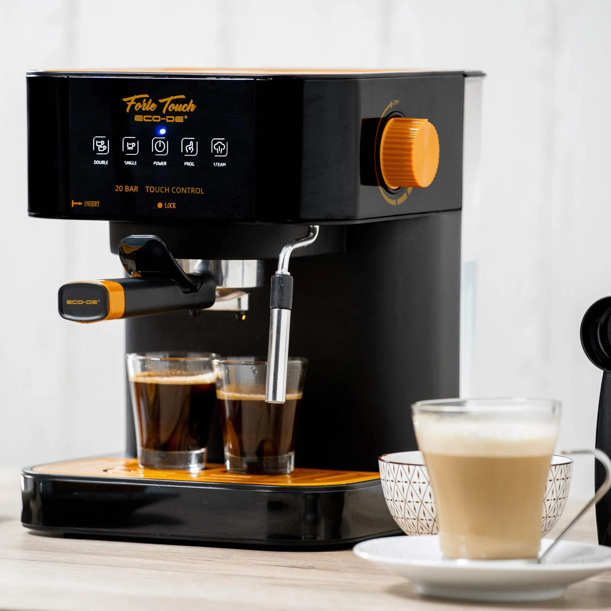 ECODE® Cafetera Express con 20 Bares de Presión y 1050 W, Vaporizador, Deposito de 1.6L, Calientatazas, Panel Táctil, Brazo Doble Salida, Dosificador con Prensador, Mono/Doble dosis - Forte Touch