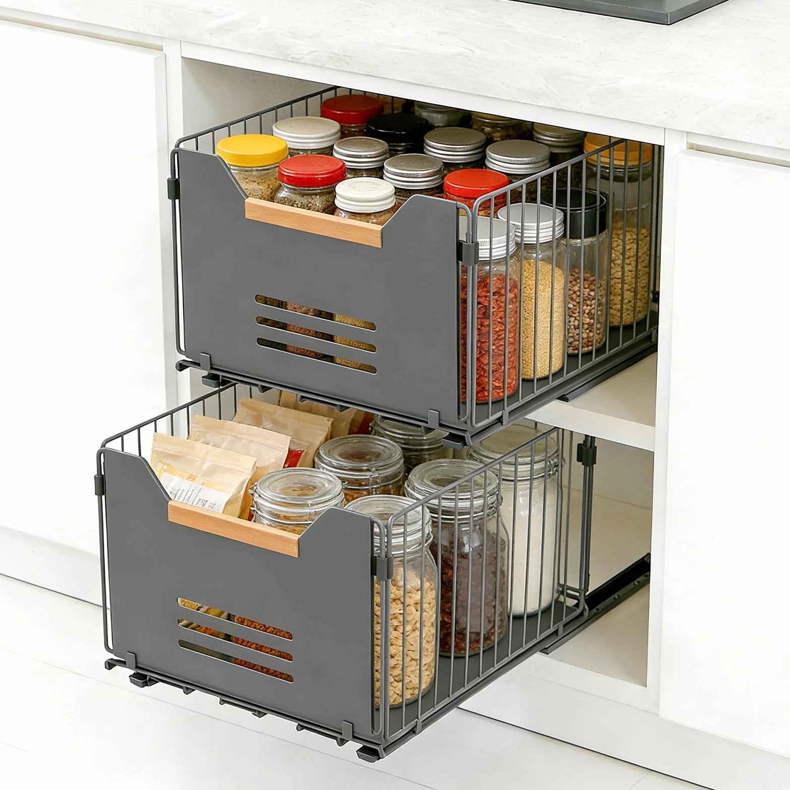 Romon Cajones Extraibles Para Cocina, Set de 2 Cajones Telescópicos con Rieles y Asa de Madera, Negro, 37,5x24,5x19 cm, Extensible hasta 59 cm, Apto para Cocina, Baño y Salón