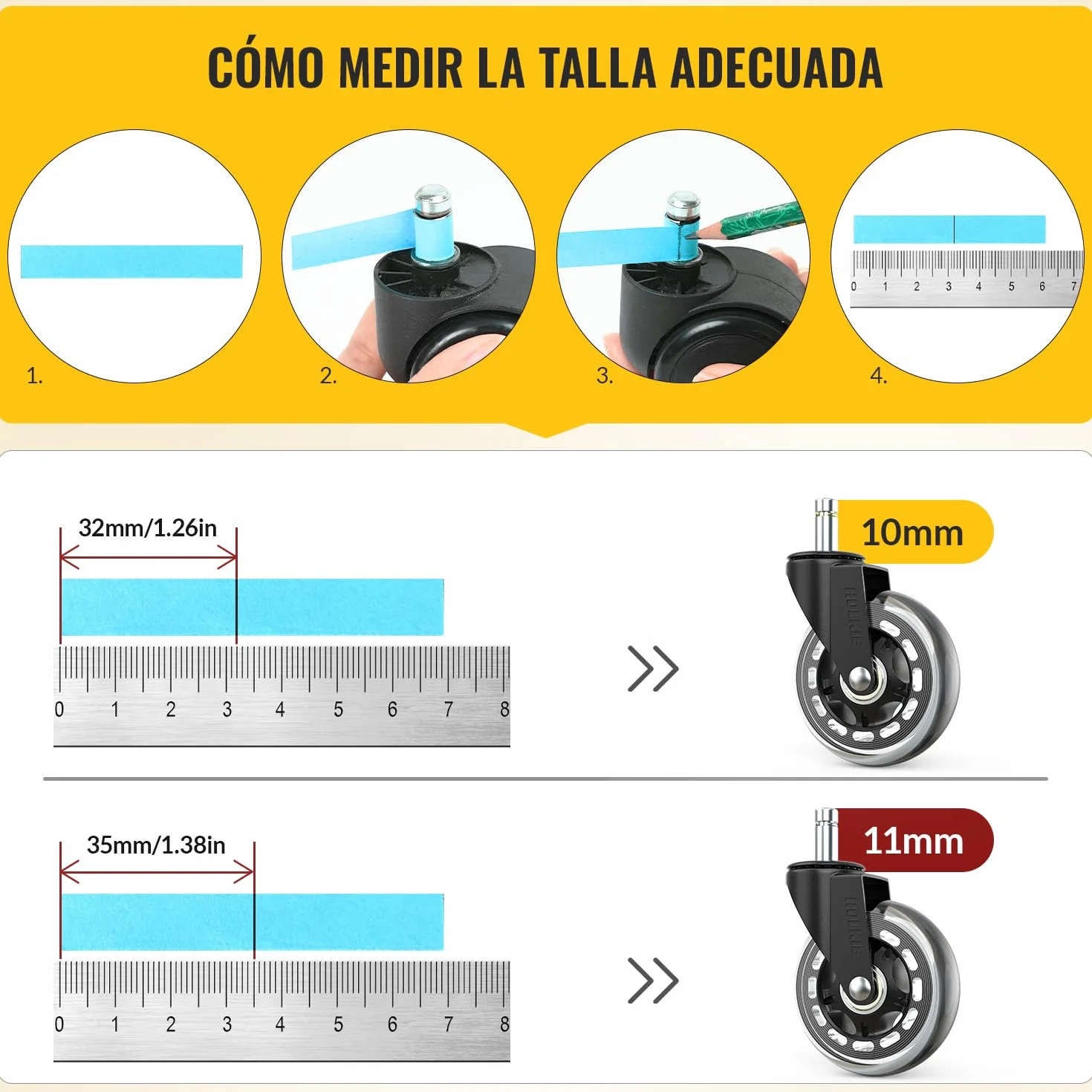 Ruedas para Silla Oficina Set de 5 - Ruedas para Muebles 11mm Suelo Madera y Alfombra - Reemplazo Silla Oficina Goma Silencioso