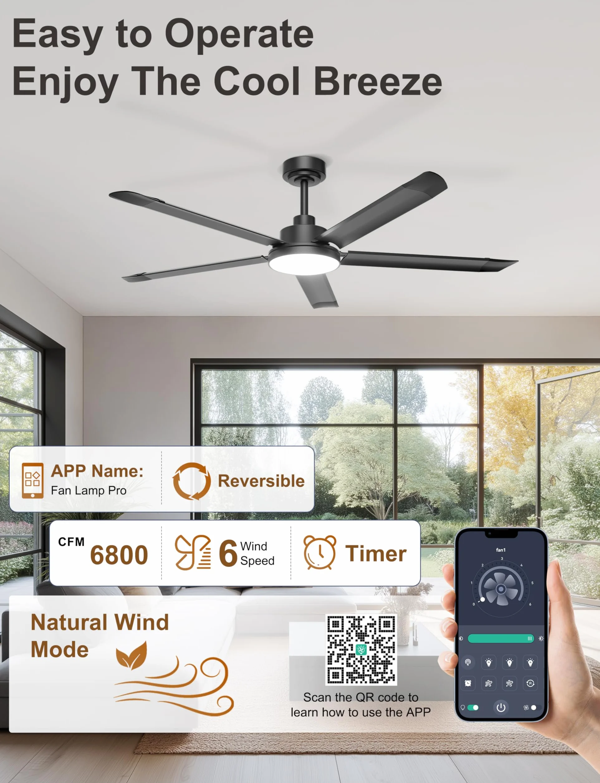 Ohniyou Ventilador de Techo de 152 cm con Luz, Ventiladores de Techo Industrial con Control Remoto/APP, 5 Aspas de Aluminio, Motor DC Silencioso, Ventilador para Salón, Terraza Exterior, Garaje, Negro