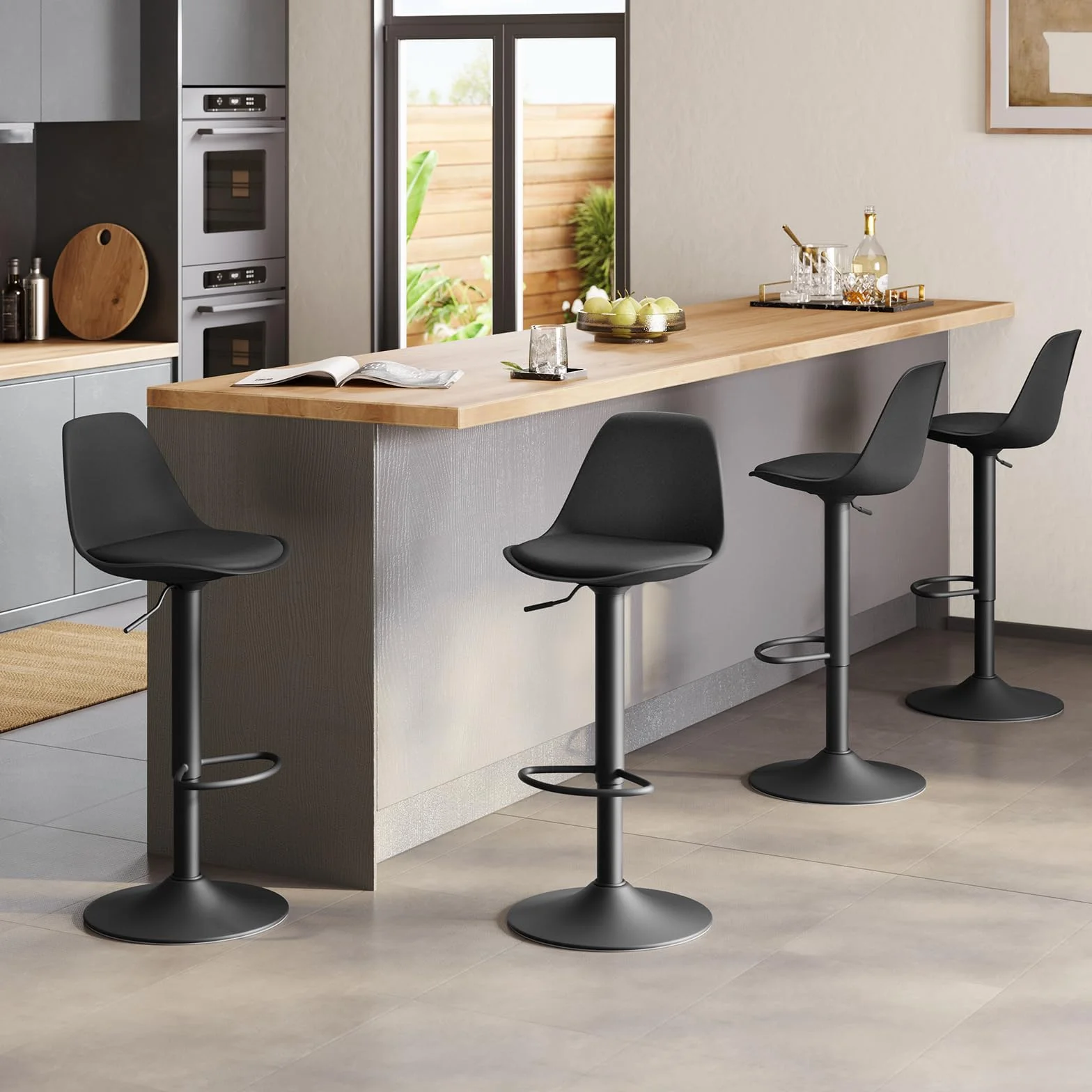 EUGAD Juego de 2X Taburete de Bar Giratorio, con Altura Ajustable Entre 60,5 y 82 cm, Taburete de Cocina, Estructura Metal, con Respaldo y Reposapies, Negro Tinta, Cuero Sintético