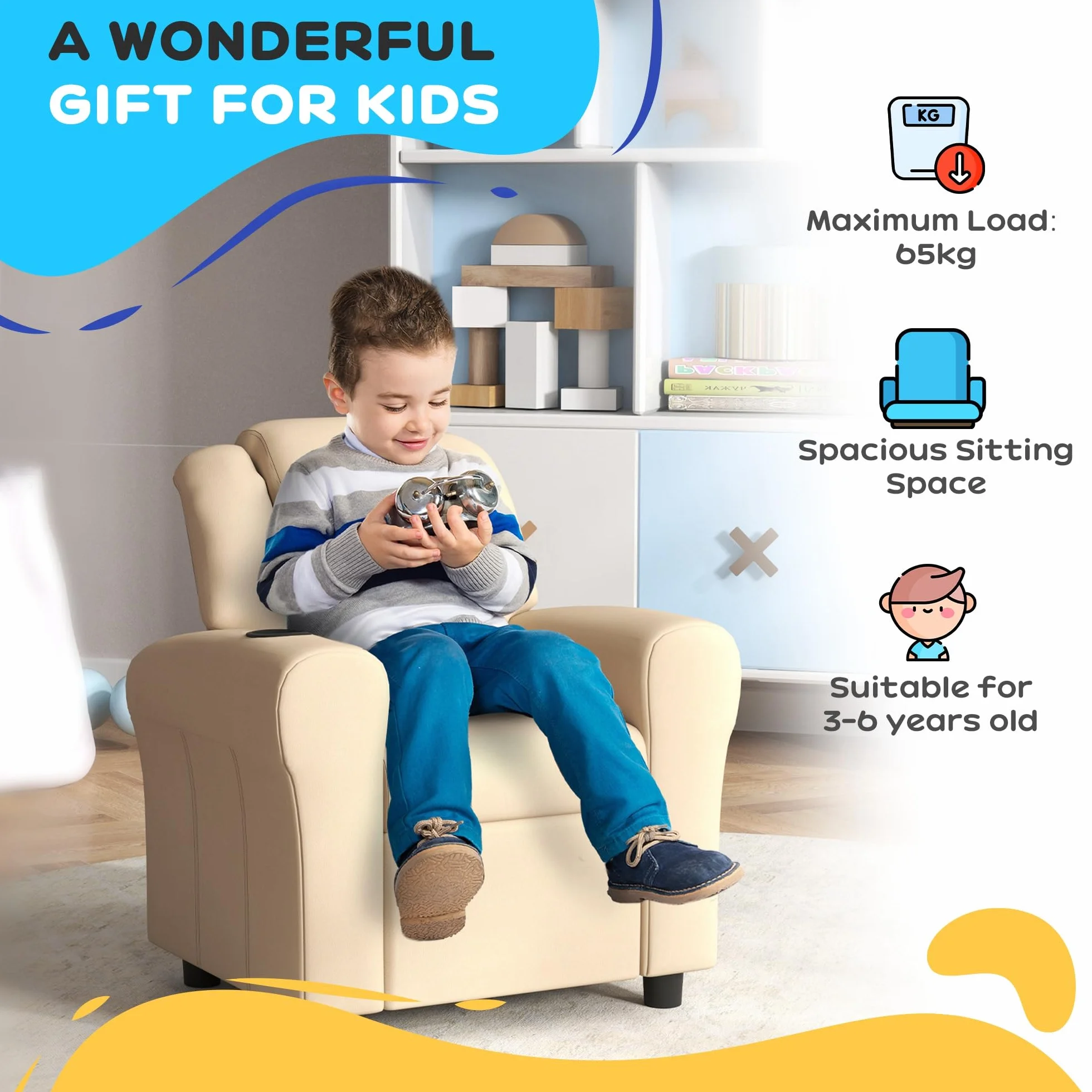 HOMCOM Sillón reclinable de piel sintética para niños con respaldo ajustable, reposapiés y portavasos, beige