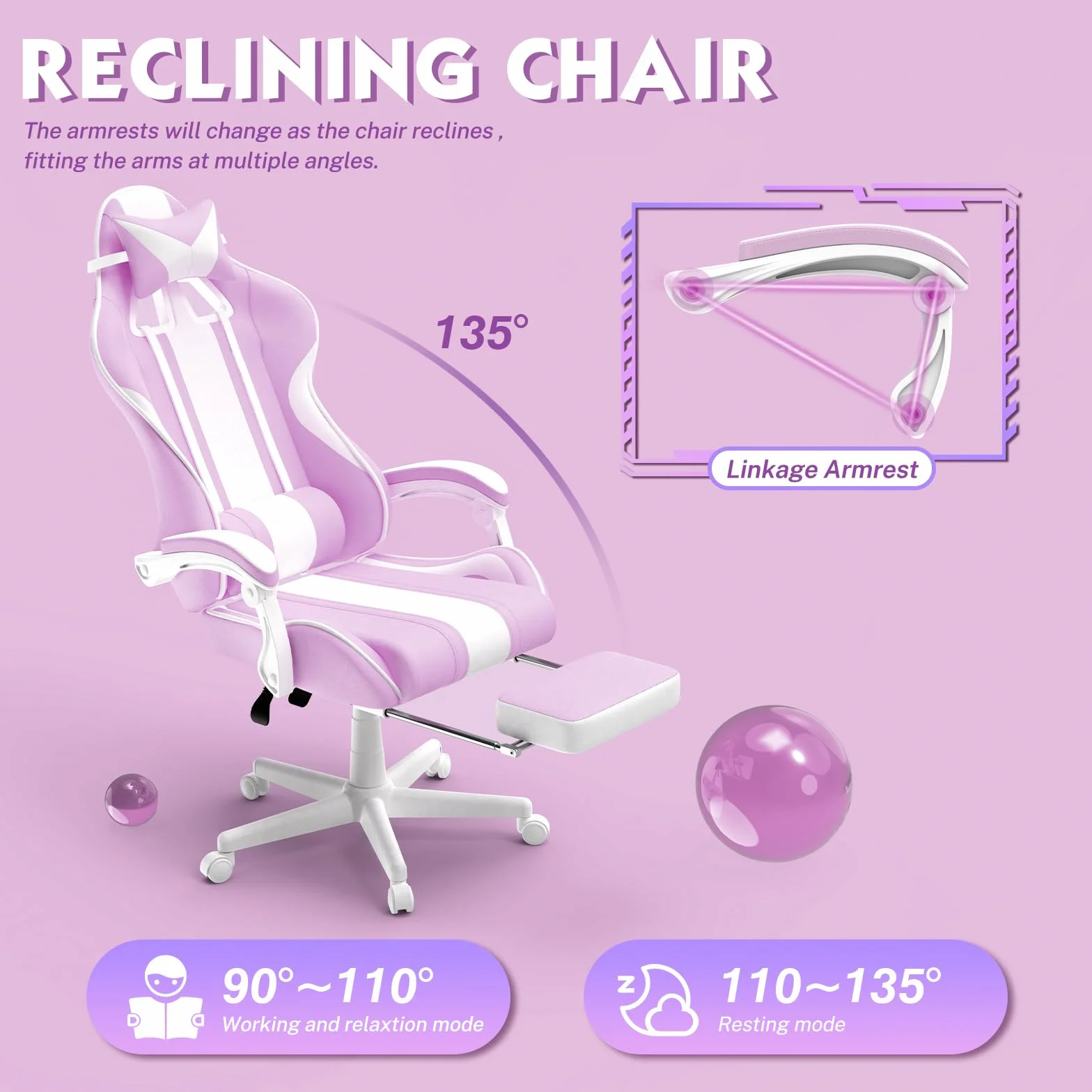 Silla Gaming Ergonomica con Masaje Racing y Reposapiés Kawaii Morado