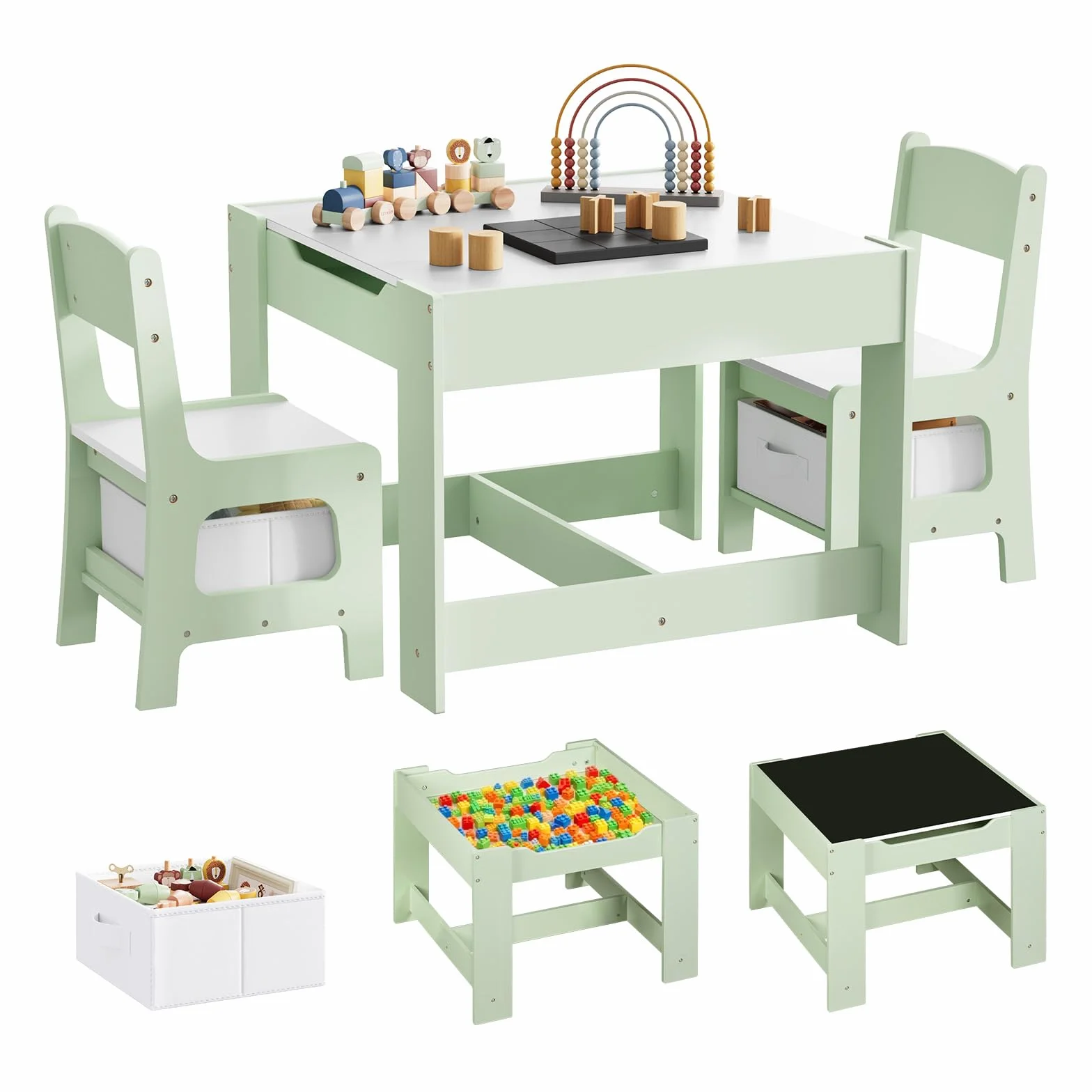 Mesa Infantil con 2 Sillas WOLTU, Mesa y Silla Niños con Almacenaje, Tablero Reversible, Madera, Verde + Blanco