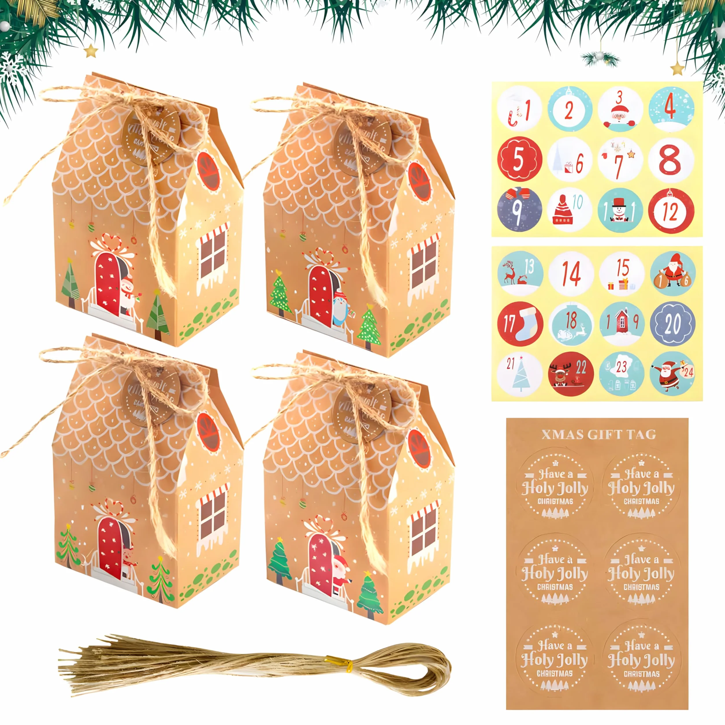 ACTOYS Calendario Adviento 24 Piezas Cajas Cartón Kraft Casa con Etiqueta Número Pegatinas