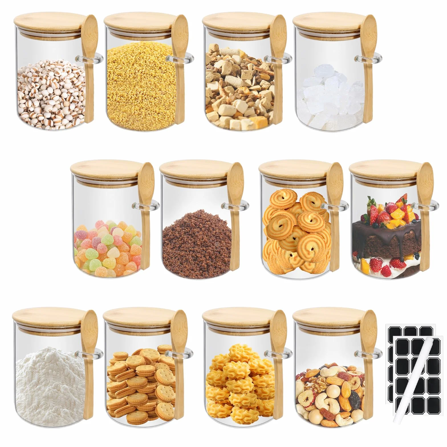 12 tarros de vidrio con tapas y cucharas de bambú, recipientes herméticos de almacenamiento de vidrio de 17 onzas con 2 etiquetas y 1 bolígrafo, para productos secos de cocina, café, frijoles