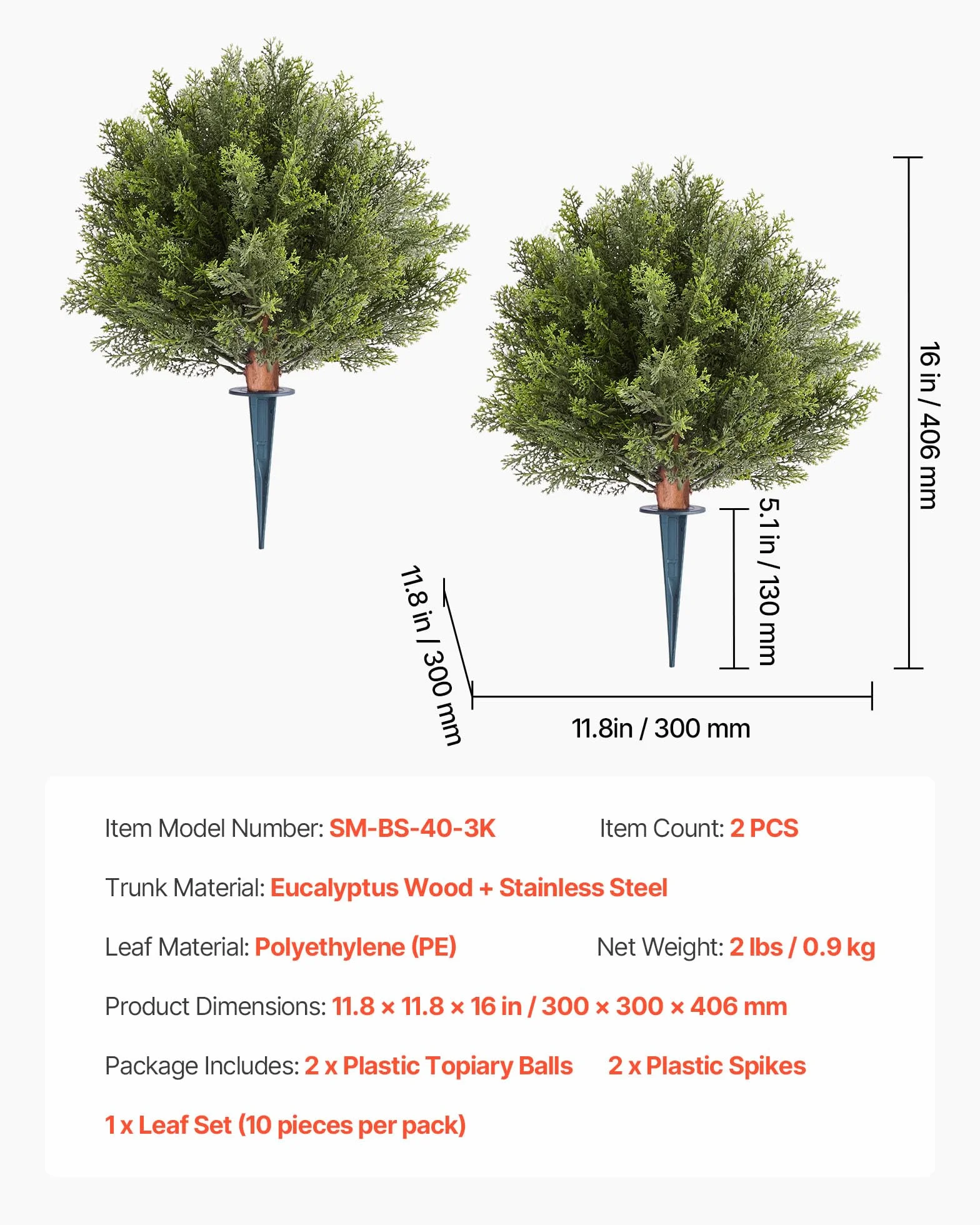 VEVOR Bola de Topiario Artificial de Ciprés para Exterior con Estaca, 406 mm, 2 uds, Plantas Artificiales, Arbustos de Imitación para Decoración, Porche, Patio, Jardín, Balcón y Patio Trasero