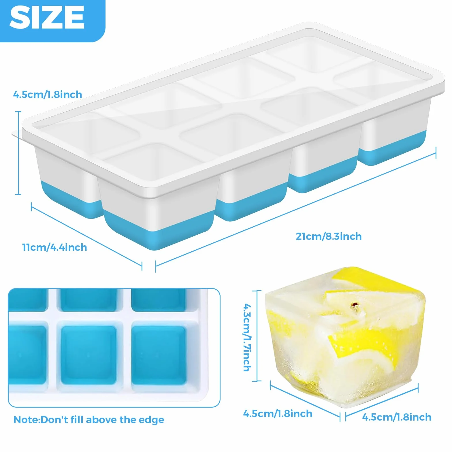 Bandejas de cubitos de hielo de silicona con tapa para whisky, sin BPA, apilable, reutilizable (verde+azul)