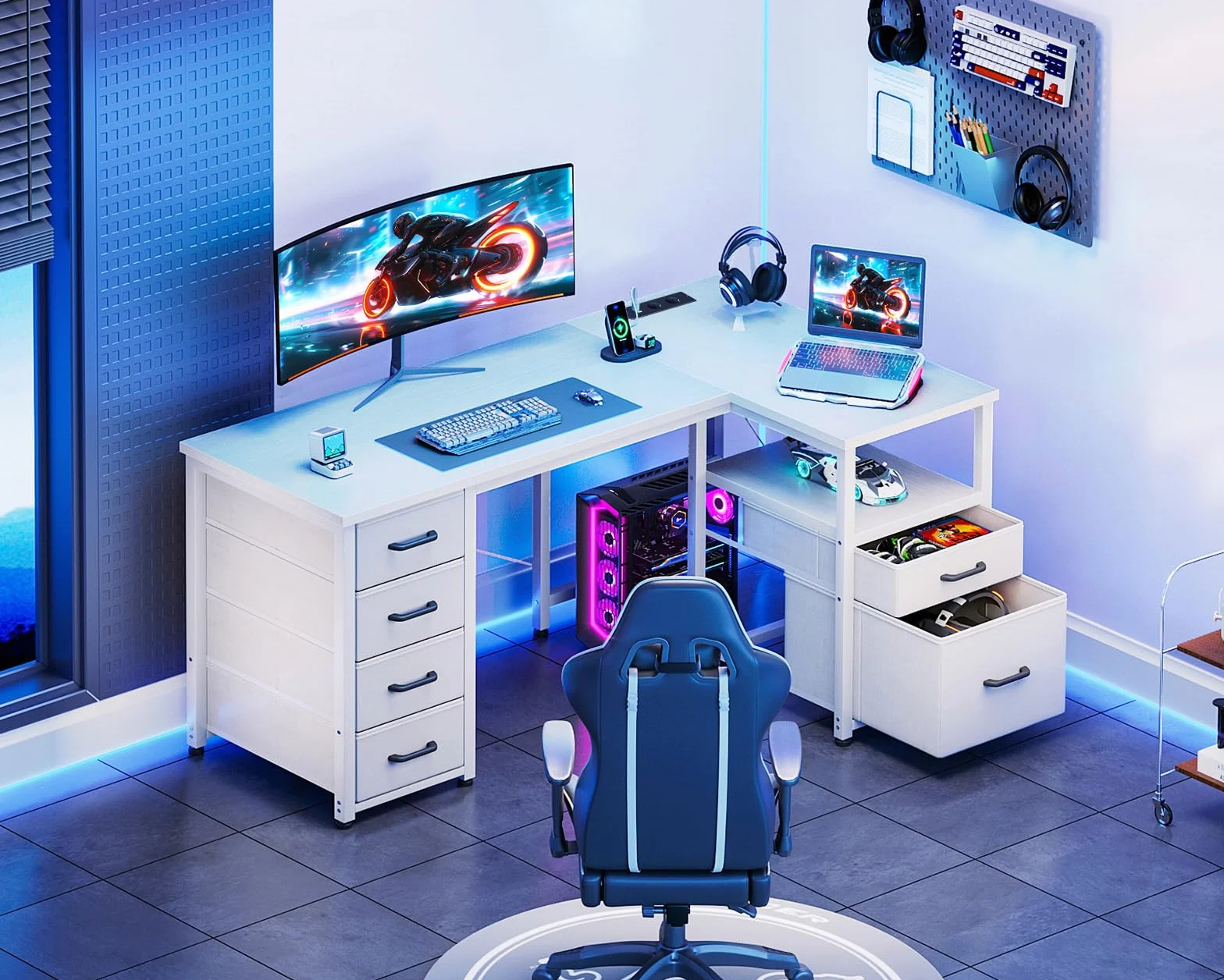Coleshome Escritorio Esquinero con Cajones de Tela, 140x80cm Reversible Escritorio en L con Cajón para Archivos, Mesa Escritorio para con Puerto de Carga USB y Toma de Corriente, Blanco