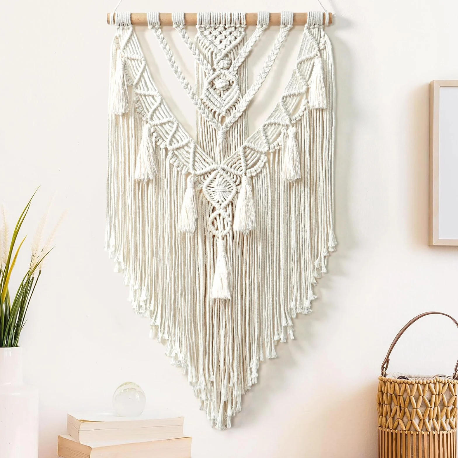 Betylifoy Tapiz de macramé de algodón hecho a mano, macramé, decoración bohemia, tapiz tejido con borlas, decoración de pared, apartamento, dormitorio, balcón, decoración, 70 cm (ancho) x 40 cm (largo