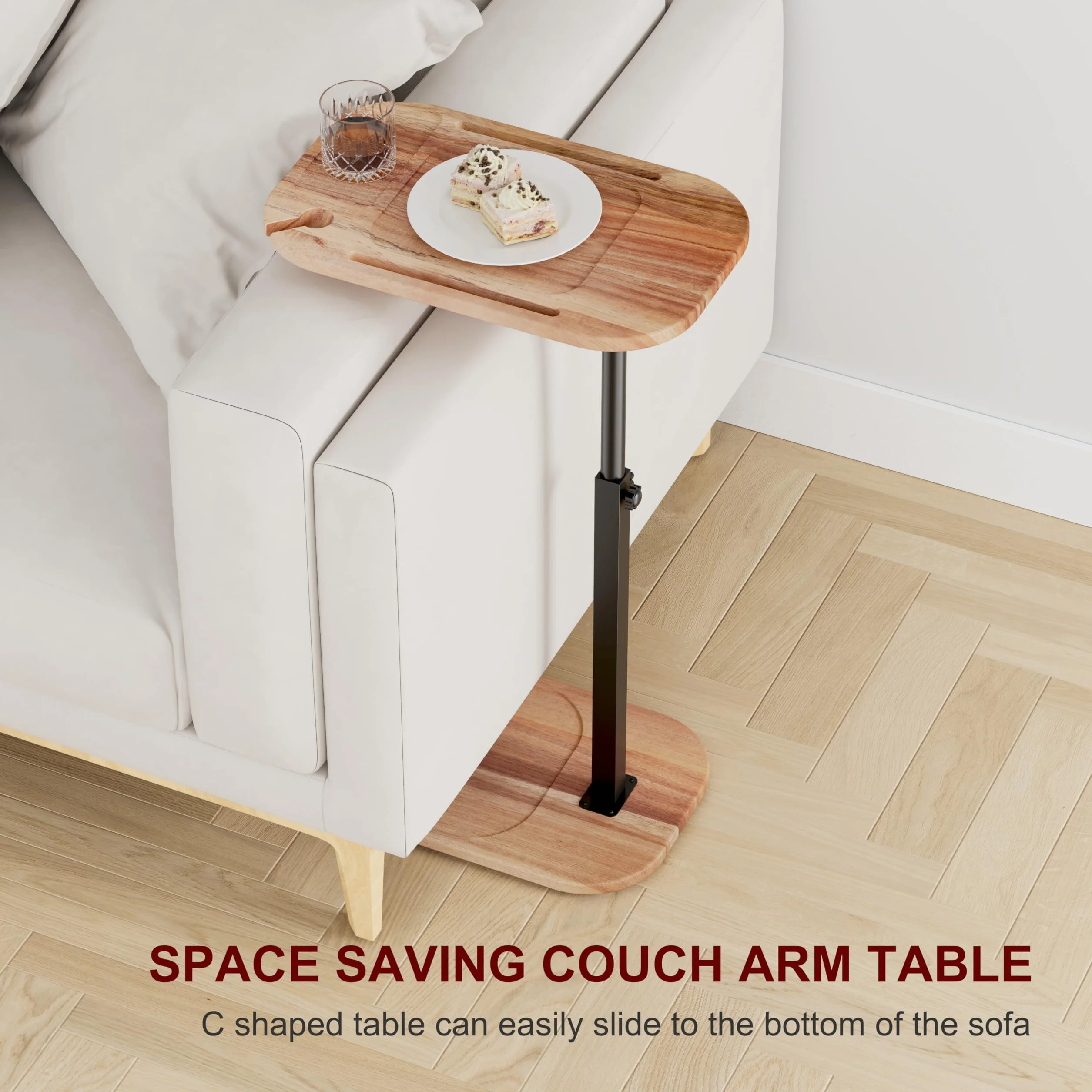 Mesa de bandeja de TV giratoria de altura ajustable para sofá, madera de acacia, mesa auxiliar en forma de C