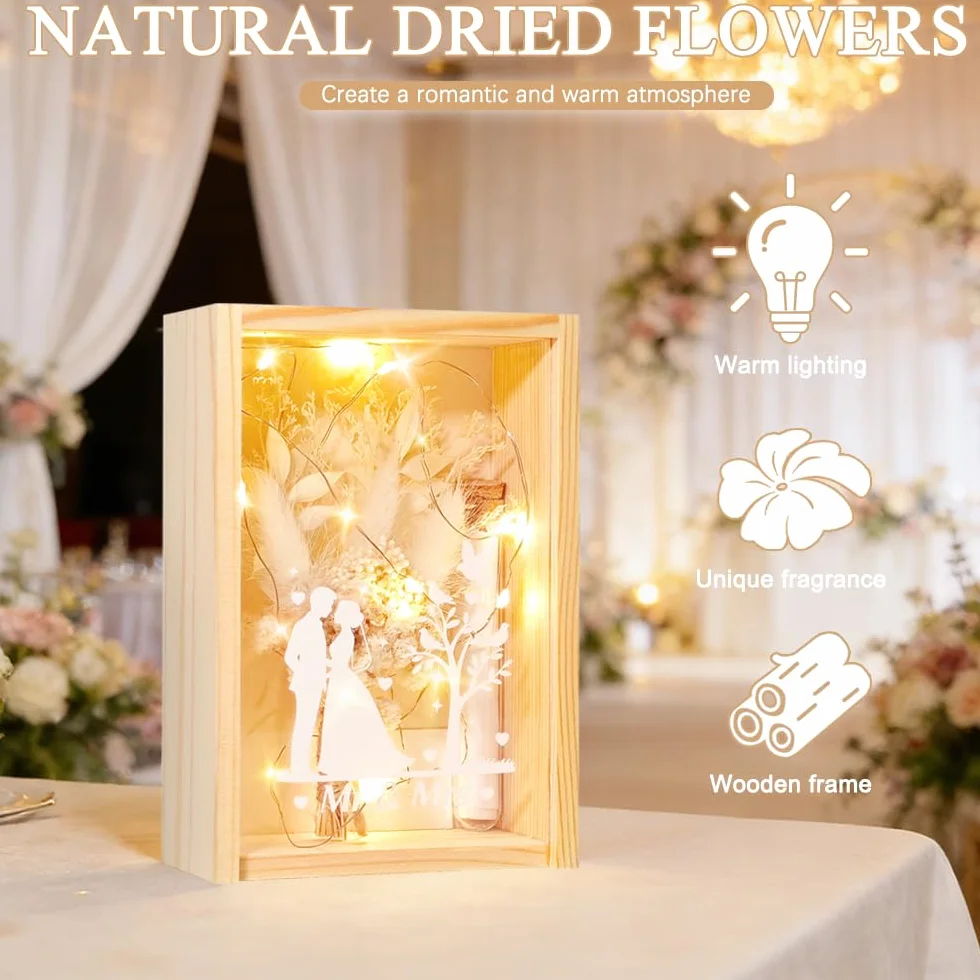 Caja Regalo Boda Madera con Flores Secas y Luces