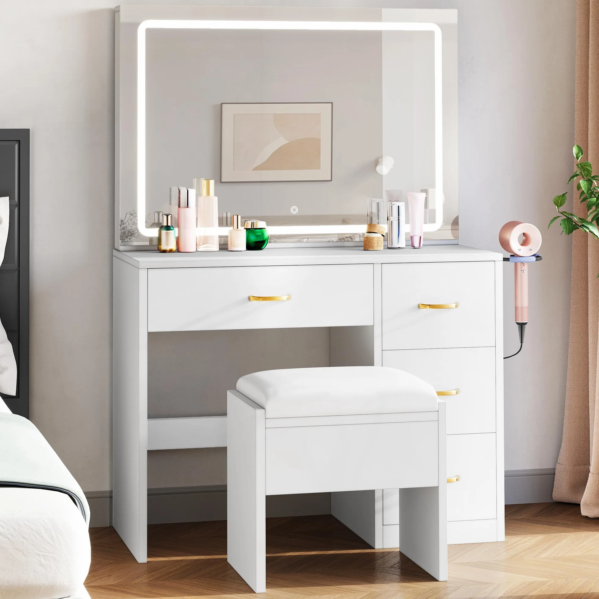 YITAHOME Tocador con iluminación LED Ajustable y tocadores, tocador con Espejo, 4 cajones y Taburete, Blanco