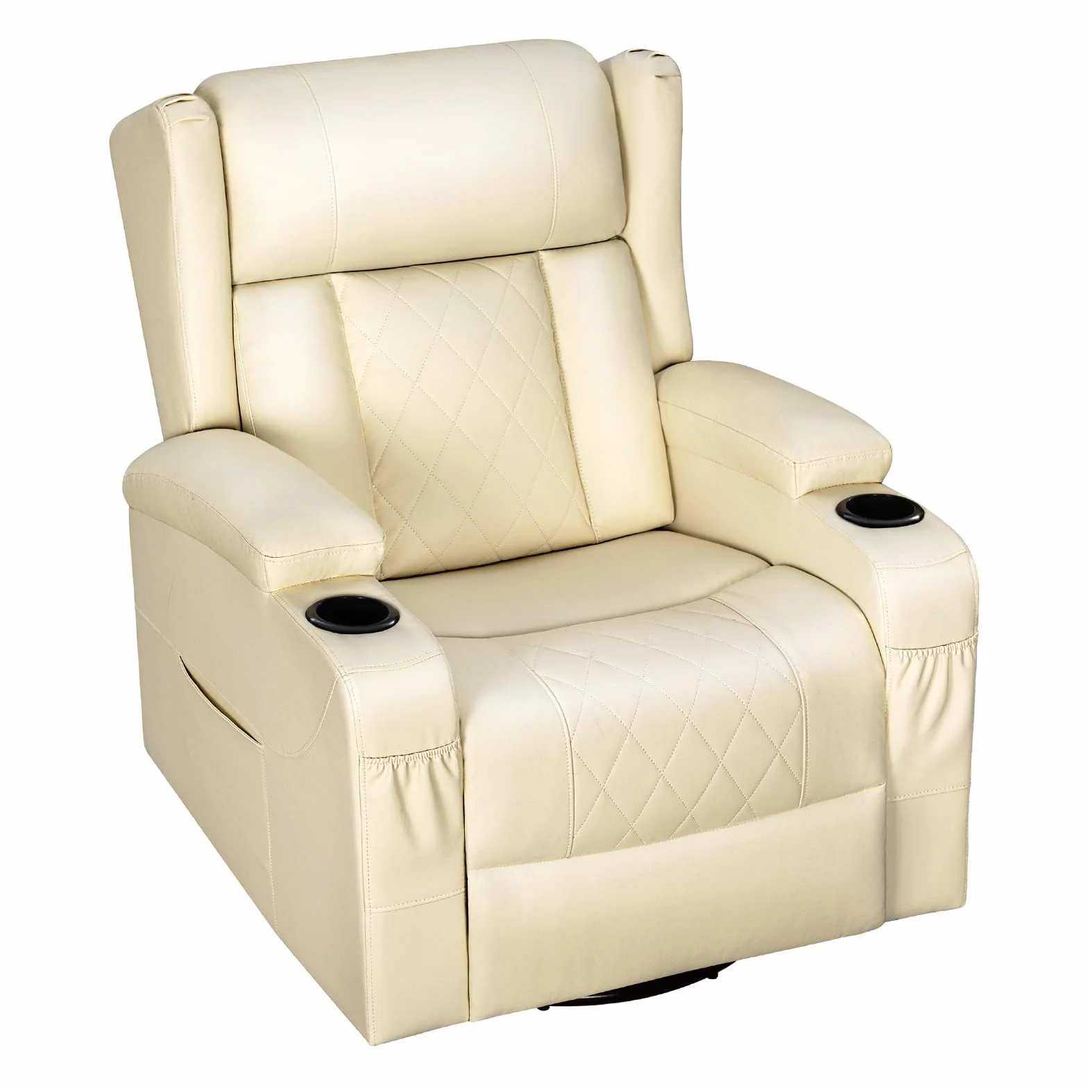 WOLTU Sillón Relax Reclinable, Sofa Individual Giratorio 360° de Función Balanceo y Respaldo Ajustable, con Reposapiés, Bolsas Laterales y Portavasos, Carga 150 kg, Tapizado en PU, Beige