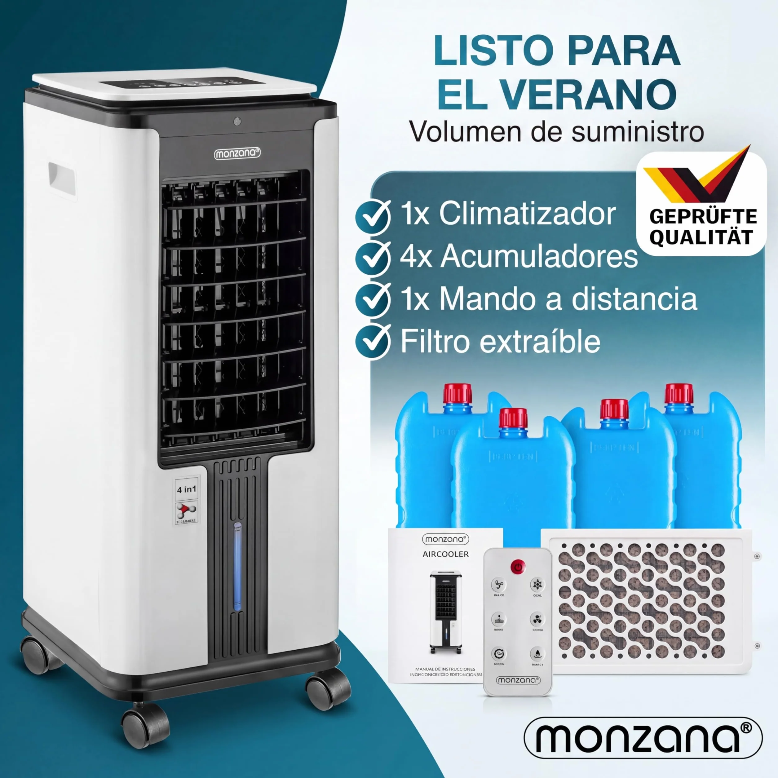 MONZANA® Enfriador de Aire 4en1 Humidificador Climatizador Ionizador Ventilador Temporizador 7L LED