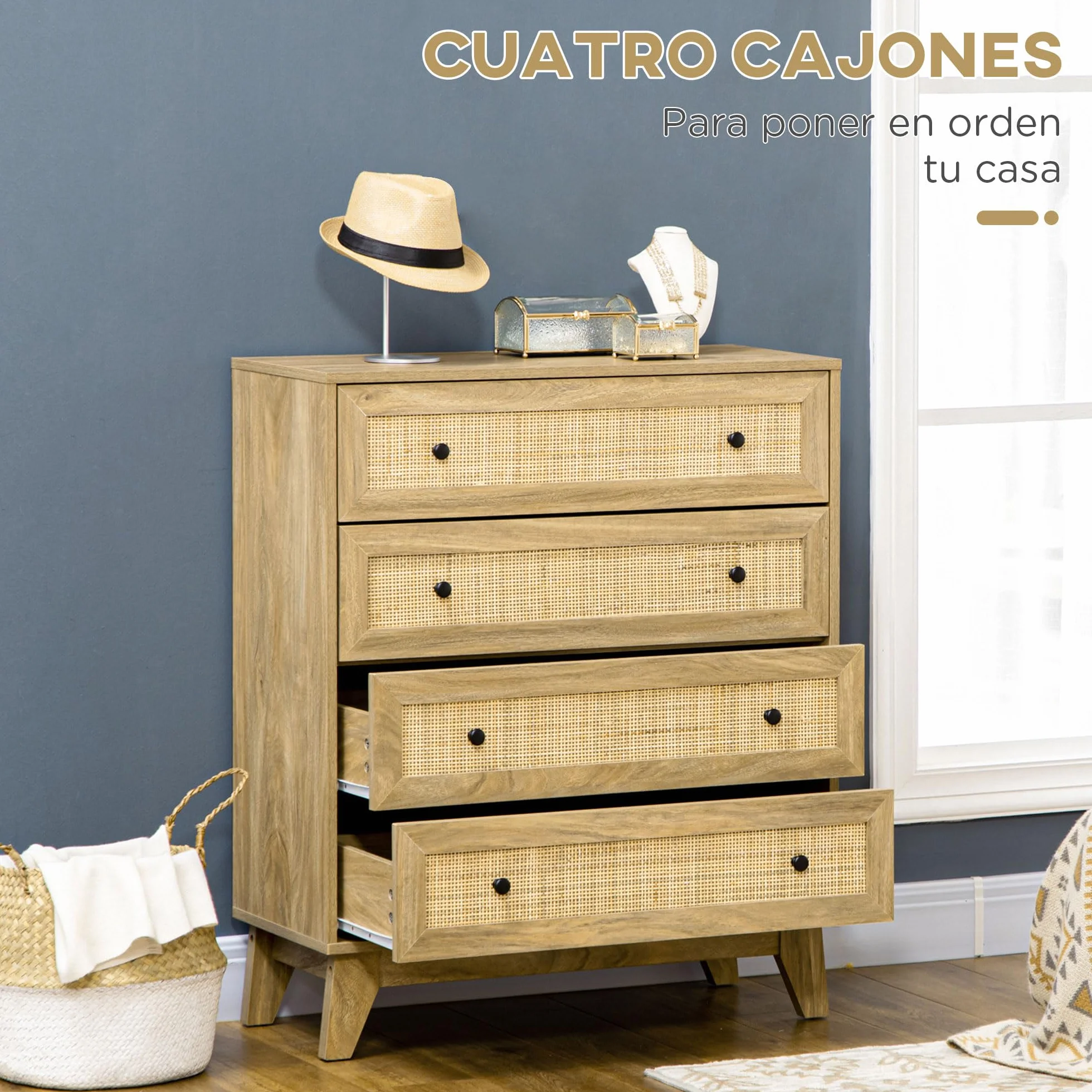 HOMCOM Cómoda con 4 Cajones Cómoda Dormitorio Estrecha con Frontales de Ratán y Patas Elevadas Cajonera para Salón Oficina 80x35x95 cm Natural