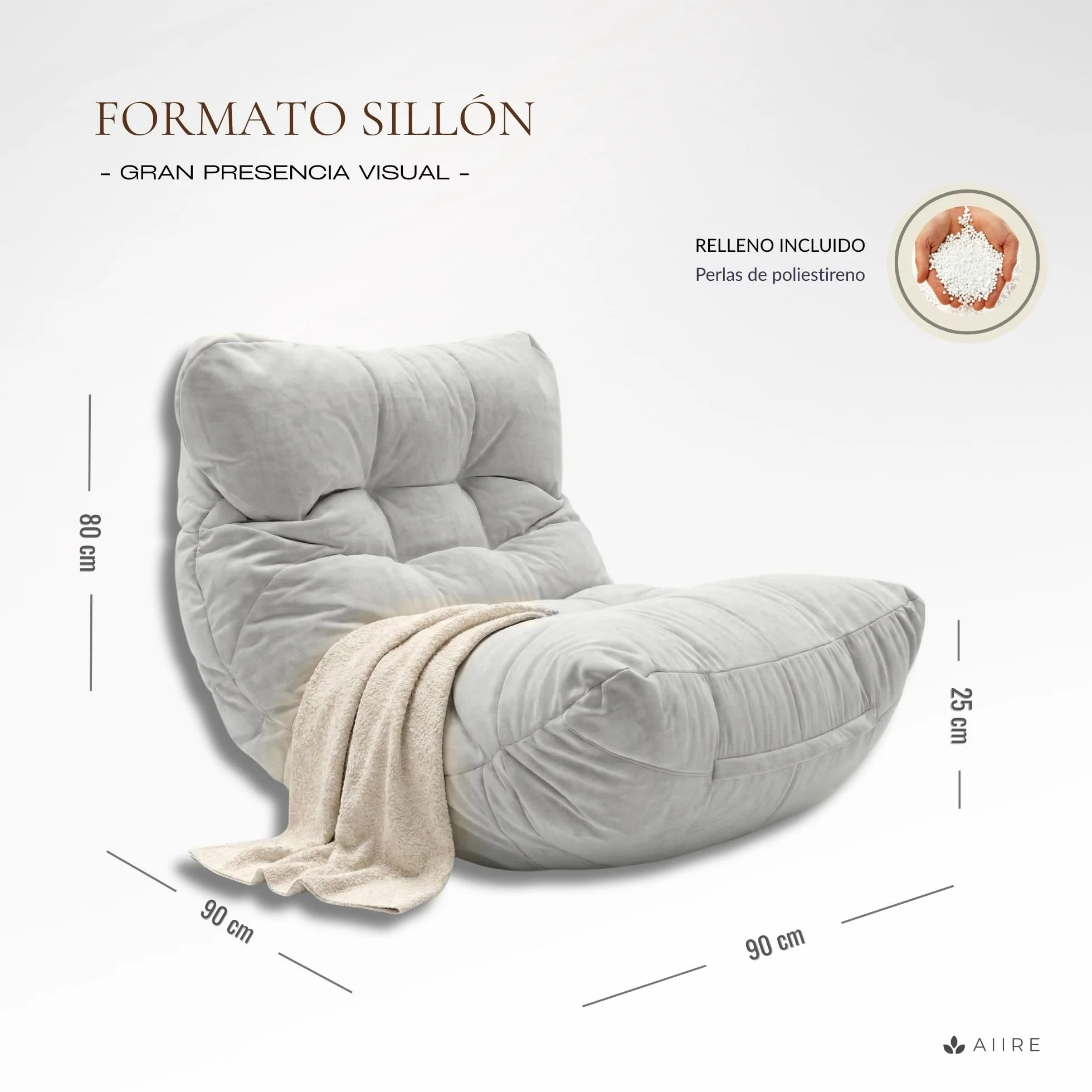 Aiire Puff Exterior Jardín Moderno - Sillón Puf XXL con Relleno Incluido de Diseño Terraza o Piscina - Outdoor Bean Bag Chair Gris Claro
