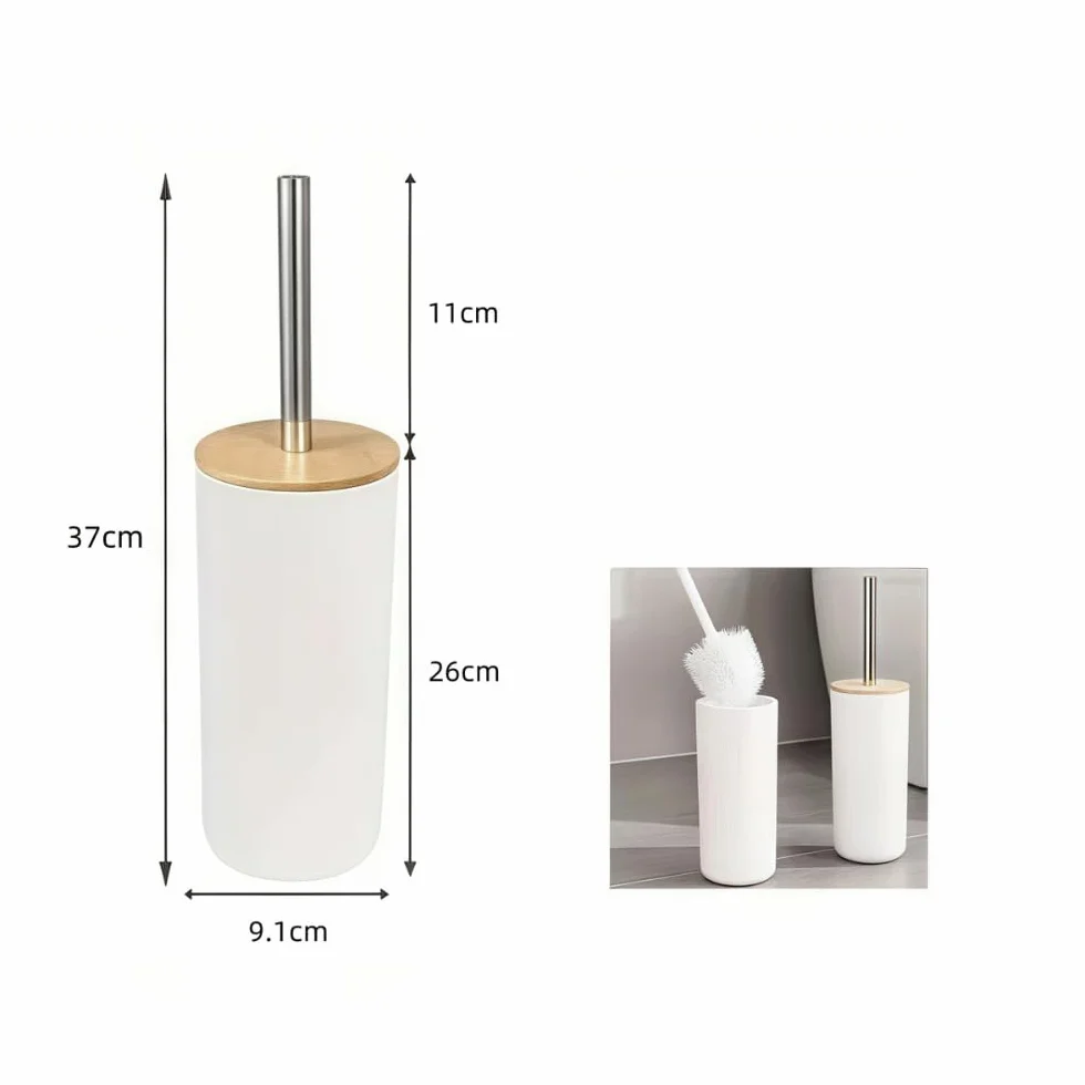 DAMDAM GO - Escobillero Plastico Blanco Palo Acero INOX Tapa Bambu 9,5x40 cm