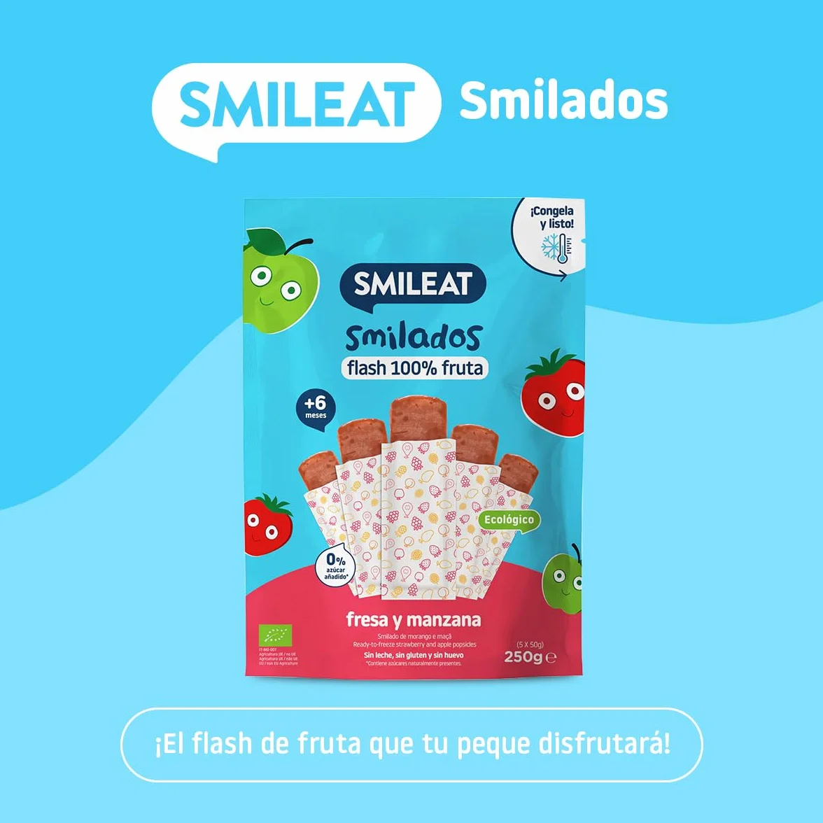 Smileat Smilados de Frutas Ecológicas Flash de Fresa y Manzana Sin Azúcar Añadido Sin Gluten 5x50g