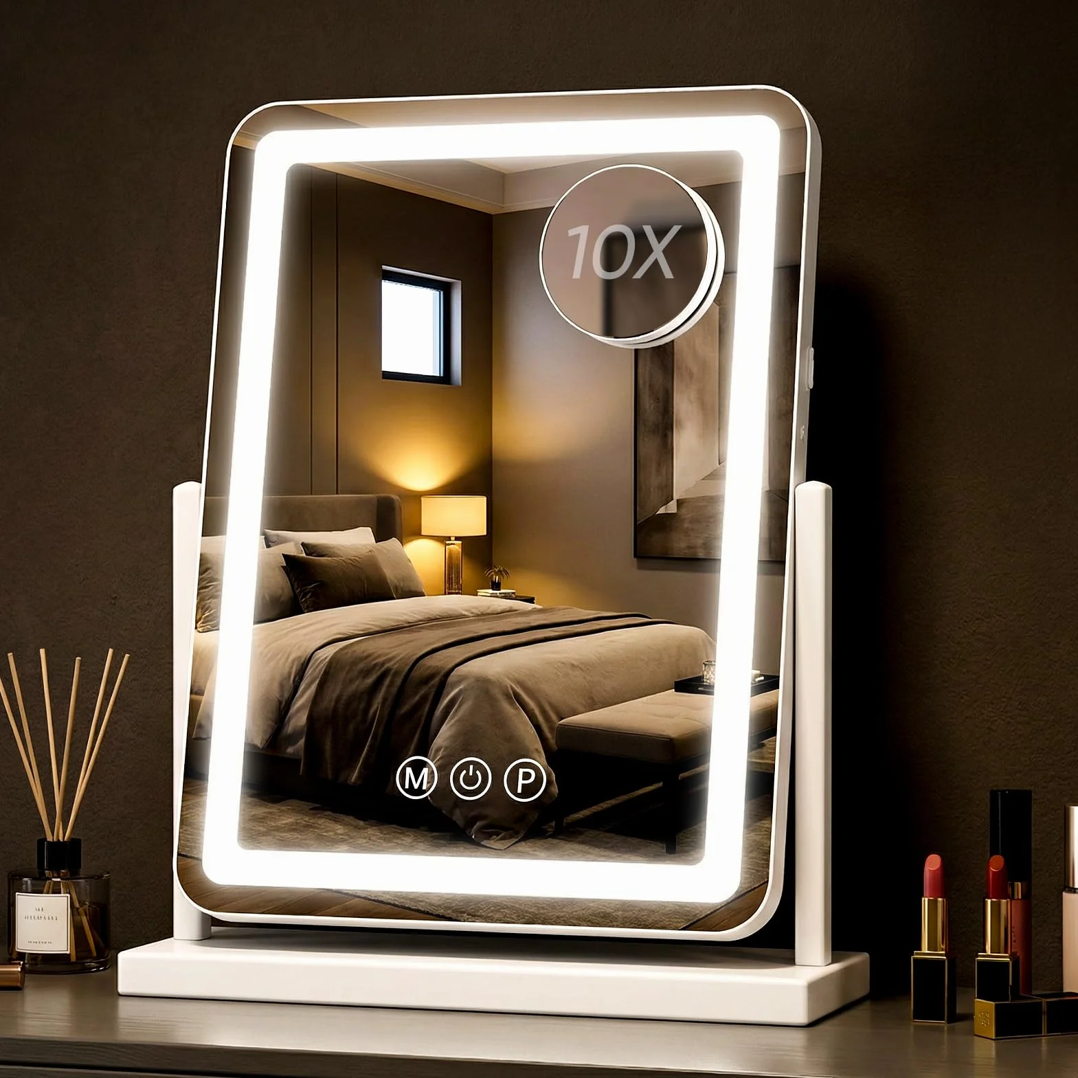 Antok Luces de espejo de maquillaje, 13 x 18 pulgadas, espejo de tocador grande con luz LED para mesa de dormitorio, tacto inteligente, con aumento desmontable de 10 veces