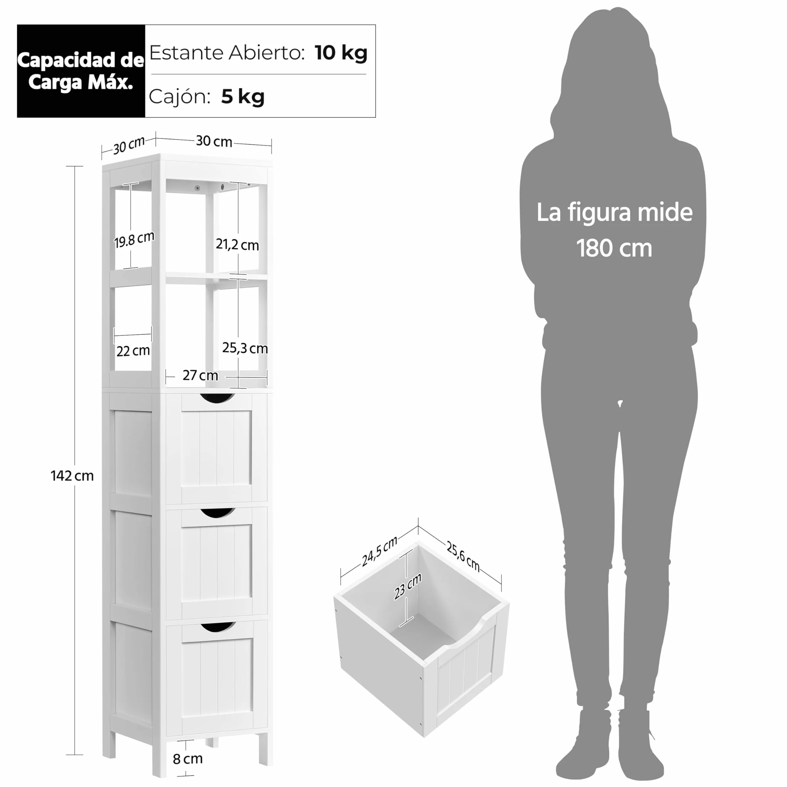 Yaheetech Armario Alta de Baño Mueble Auxiliar 2 Estantes Abiertos 3 Cajones 30x30x142 cm Blanco