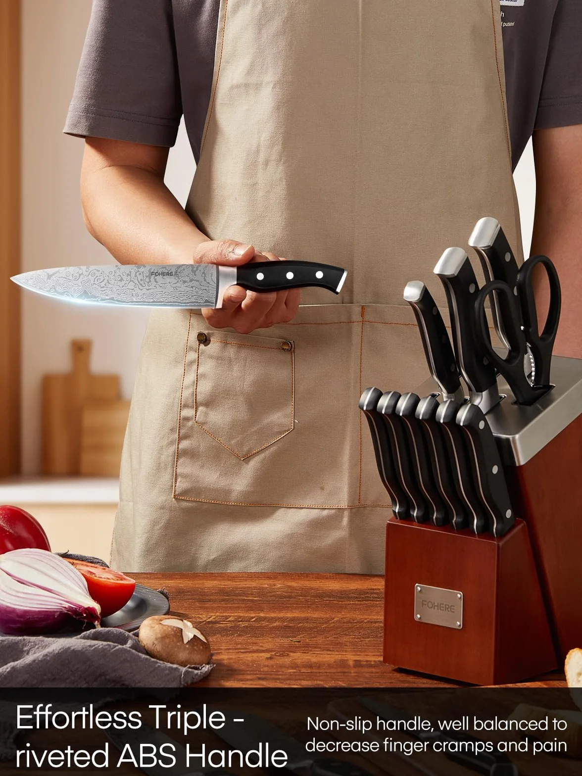 FOHERE Juegos de Cuchillos de Cocina con Auto-afilables, 14 Piezas, Bloque de Cuchillos con Mango Ergonómico y Acero Inoxidable, Bloque de Madera