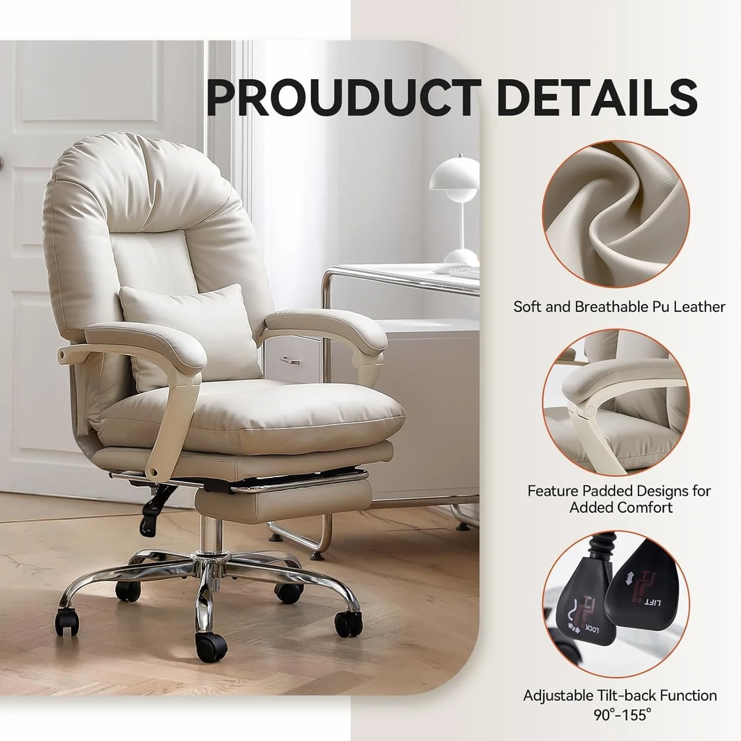 EMIAH Silla de Oficina Ergonómica con Reposapiés, Silla de Escritorio Ejecutiva Reclinable, Sillón de Cuero PU, Modernas Cómoda Silla de Ordenador Tocador con Ruedas, Bonita Silla para el Hogar, Beige