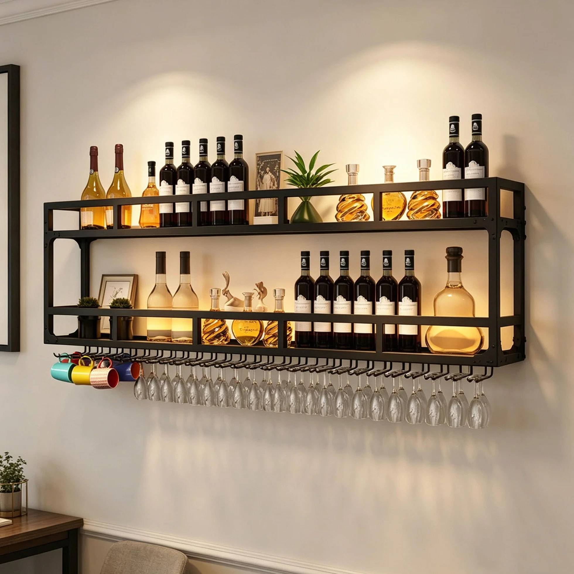 Botellero Vino Pared con Luz Mueble Bar Garrafeira Mini Bar Wine Rack Mueble Comedor Cocina con Soporte Copas Colgante Estantes de Almacenamiento para Bar Sala de Estar y Cocina(Black,2 LAYERS_150CM(5