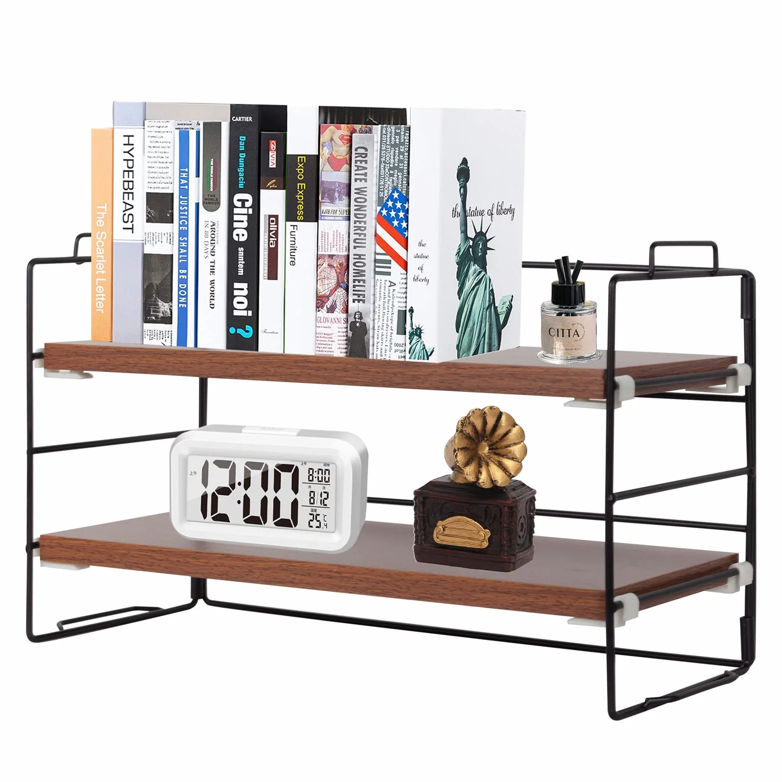 Powerking Organizador de Escritorio 2 Niveles, Marco de Metal Pintado Negro, Estantes de Madera de Teca Oscura, Estantería Multiusos