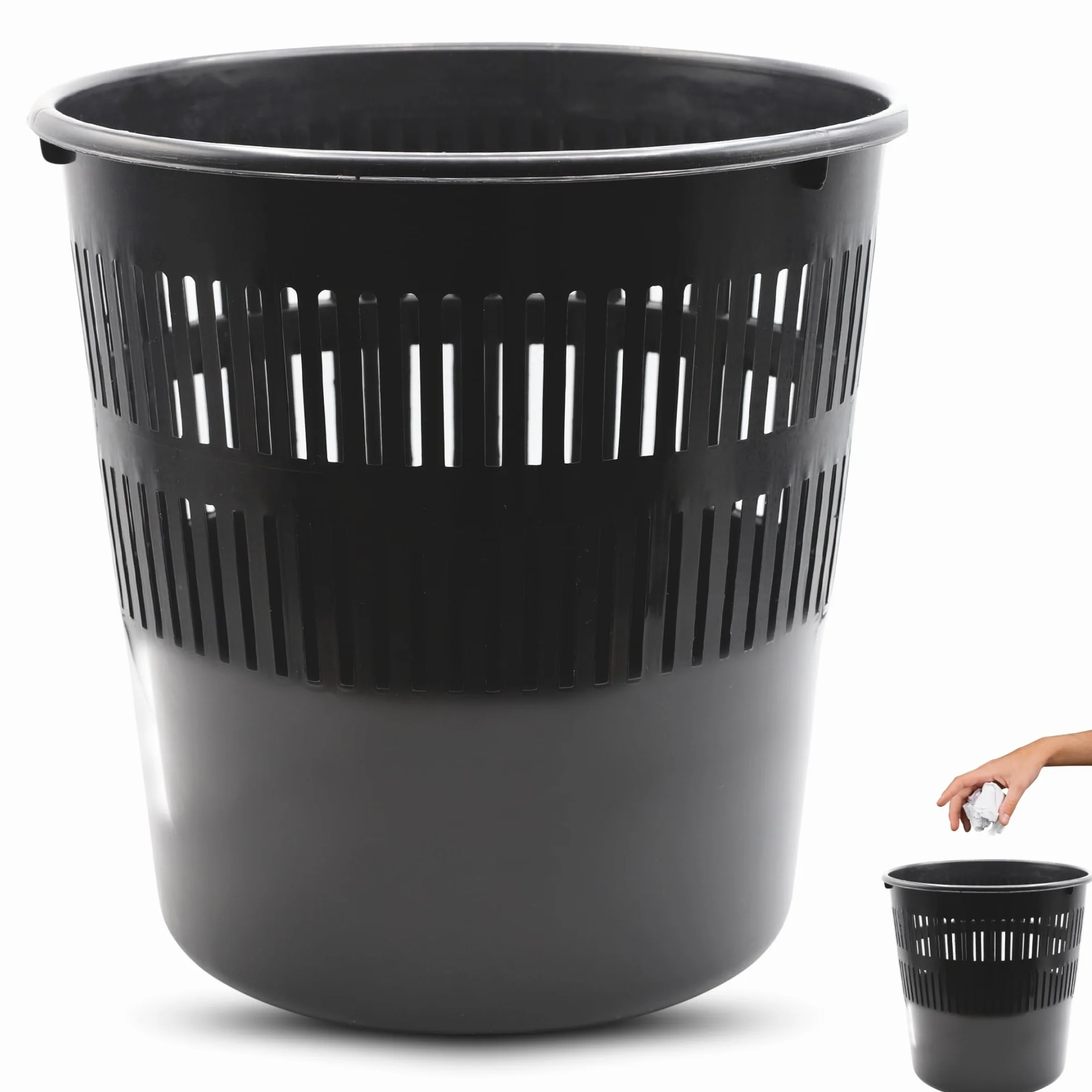 Papelera de Plástico 16L 28cm Negro - Cubo de Basura Redondo para Oficina