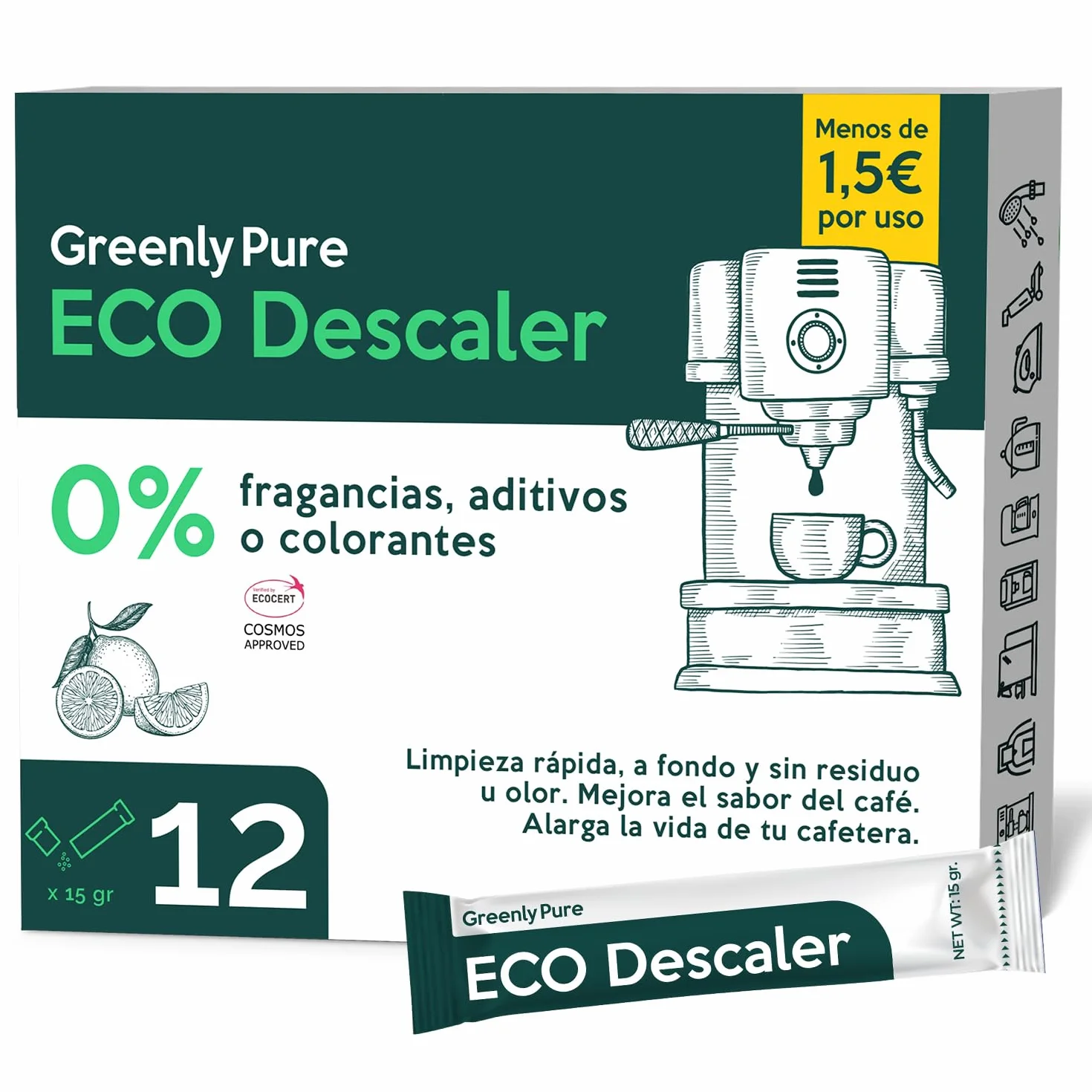 Descalcificador de Cafetera Ecológico Universal, Ácido Cítrico en Polvo, 12 uds x 15 gr