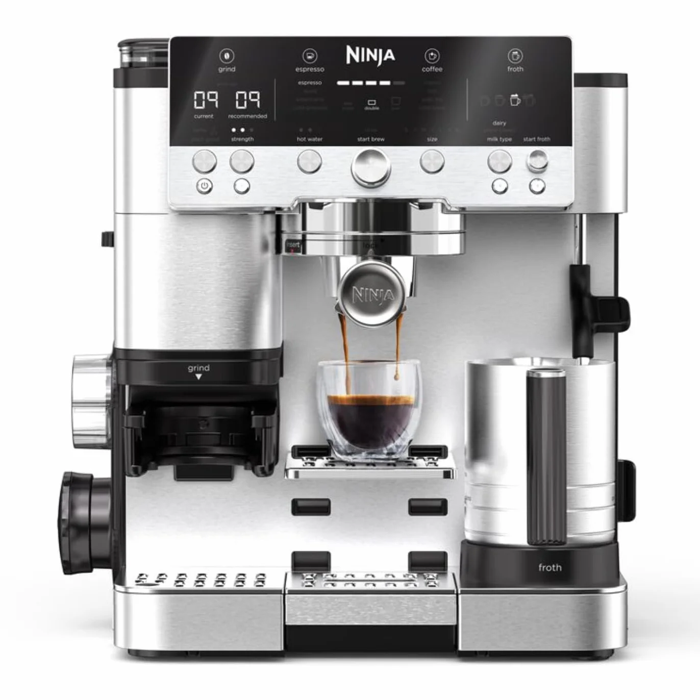 Ninja Luxe Premier Cafetera 3 en 1 Espresso Cold Brew Café Filtro Molinillo Espumador 25 Ajustes Molienda Plata ES601EU