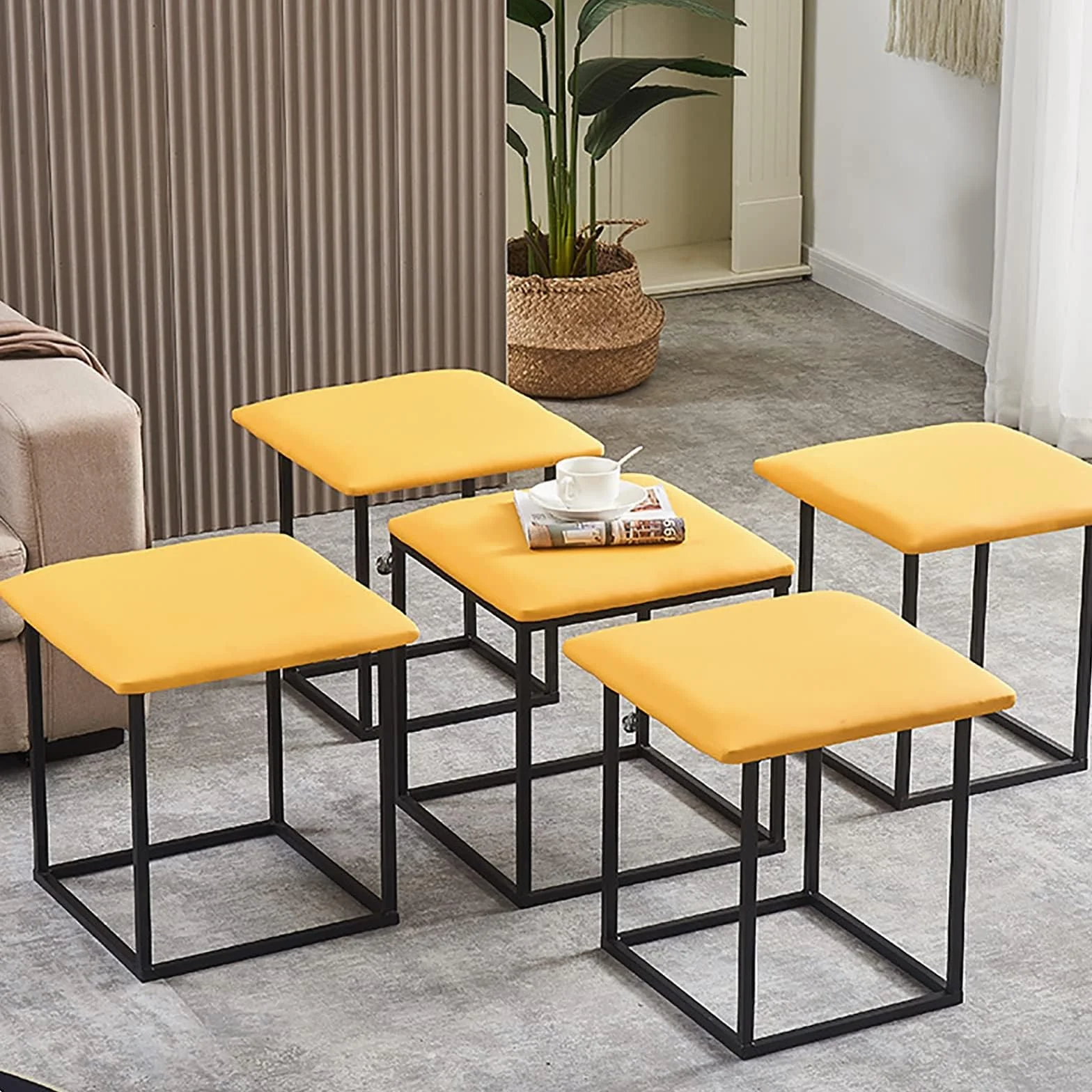 Silla De Cubo Anidada 5 En 1, Taburetes Apilables Cuadrados PU Sintético con Ruedas, Gris 45CM