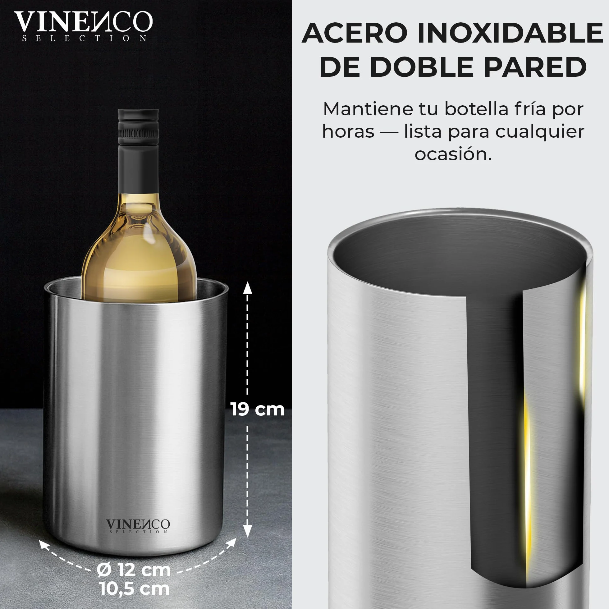 VINENCO Enfriador de Botellas de Vino Acero Inoxidable Doble Pared Aislado | Cubitera de Vino Champan y Bebidas | Set de Regalo para Hombres y Mujeres Accesorios de Vino Idea de Regalo Navidad
