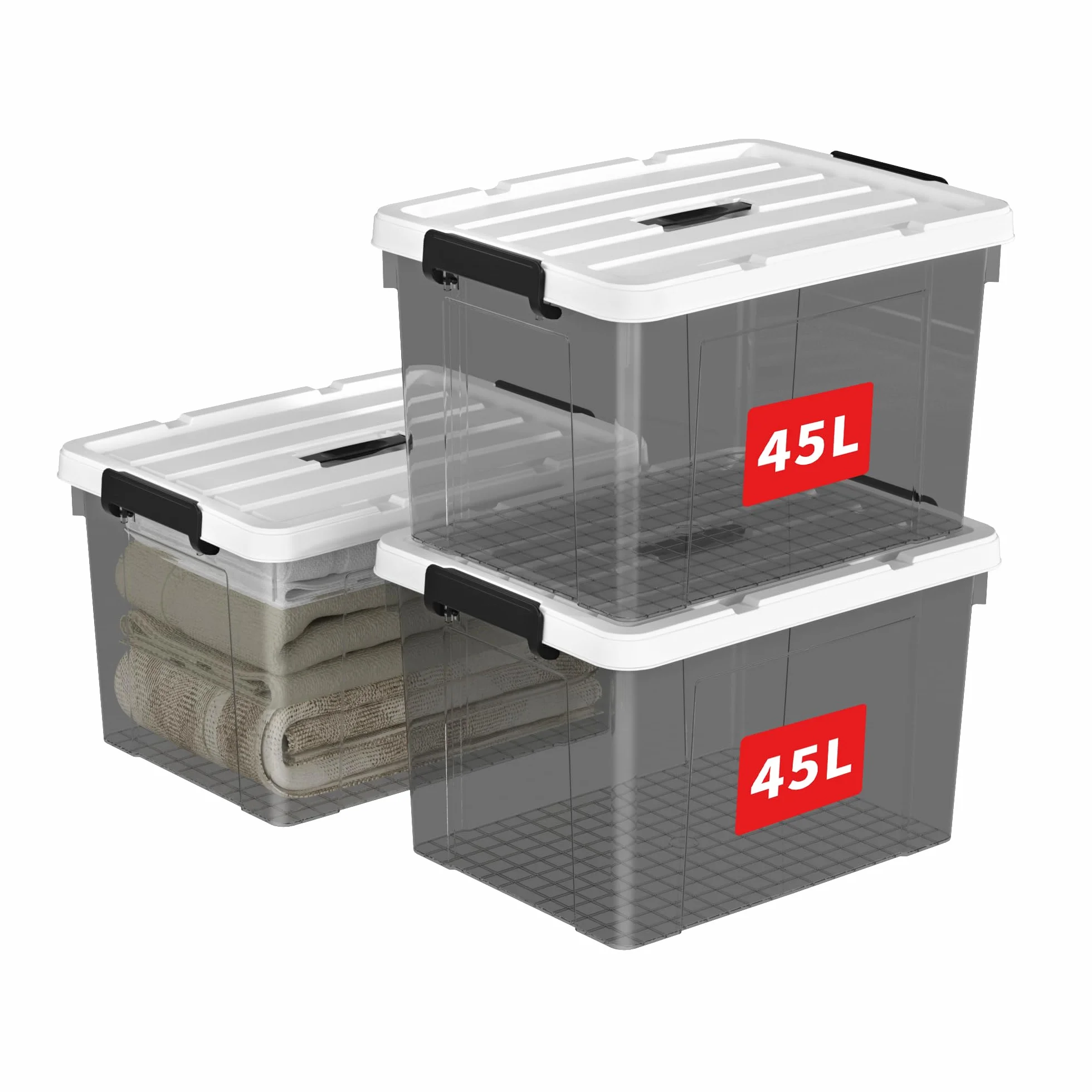 Cetomo Caja de Almacenamiento 45L Plástico con Tapa Paquete de 3 Negro Transparente
